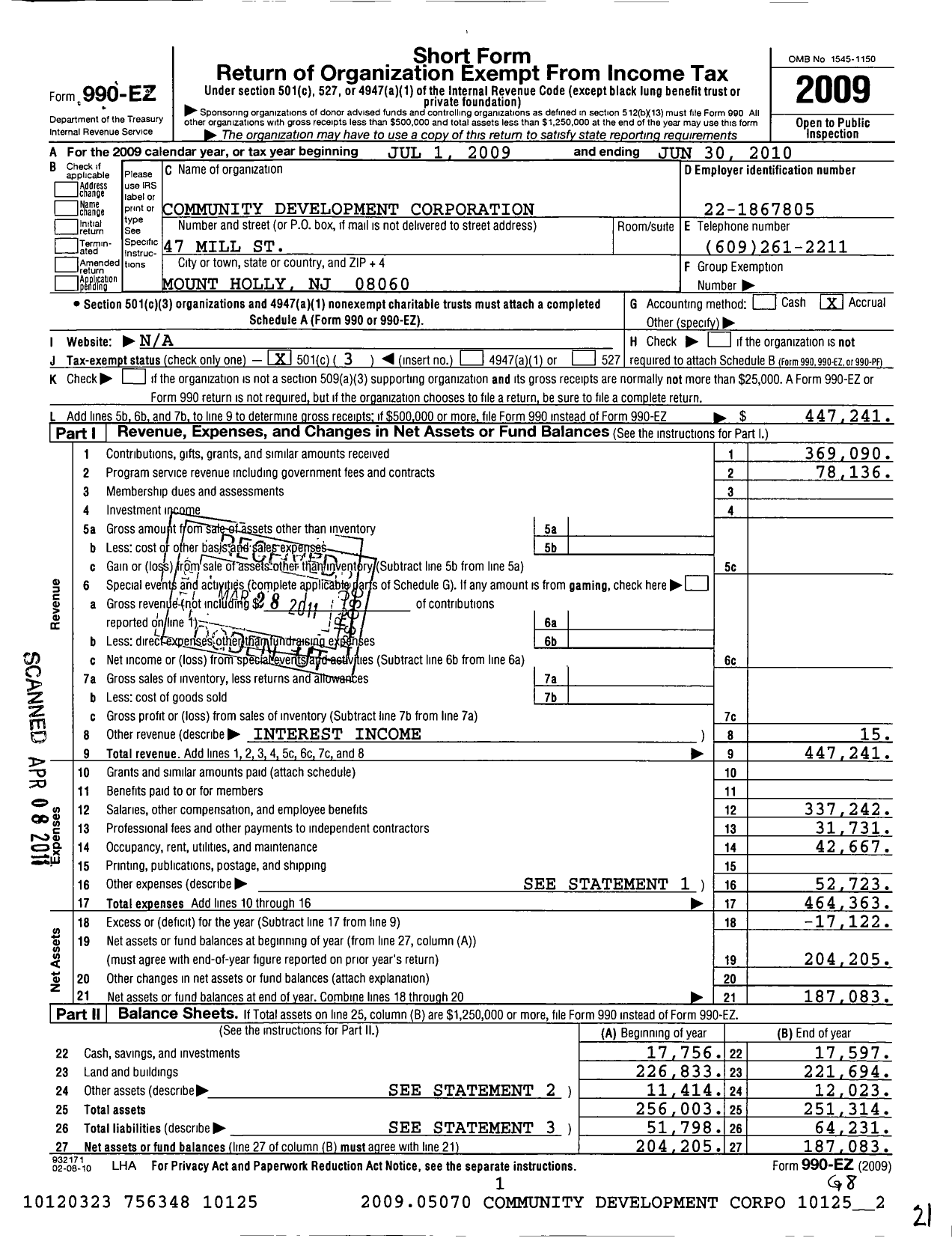 Image of first page of 2009 Form 990EZ for Willingboro Community Development Corporation