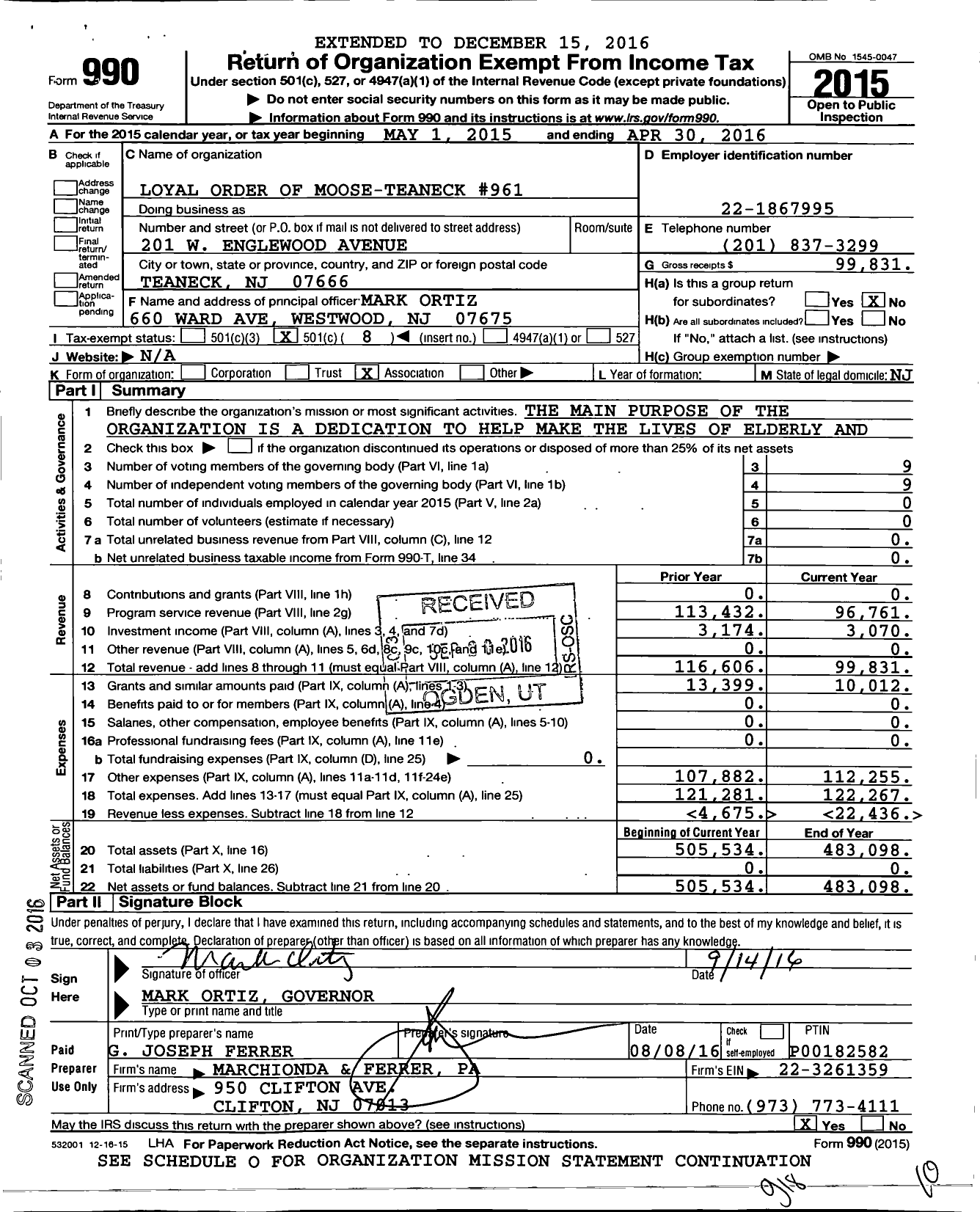 Image of first page of 2015 Form 990O for Teaneck Lodge No 961 Loyal Order of Moose 961