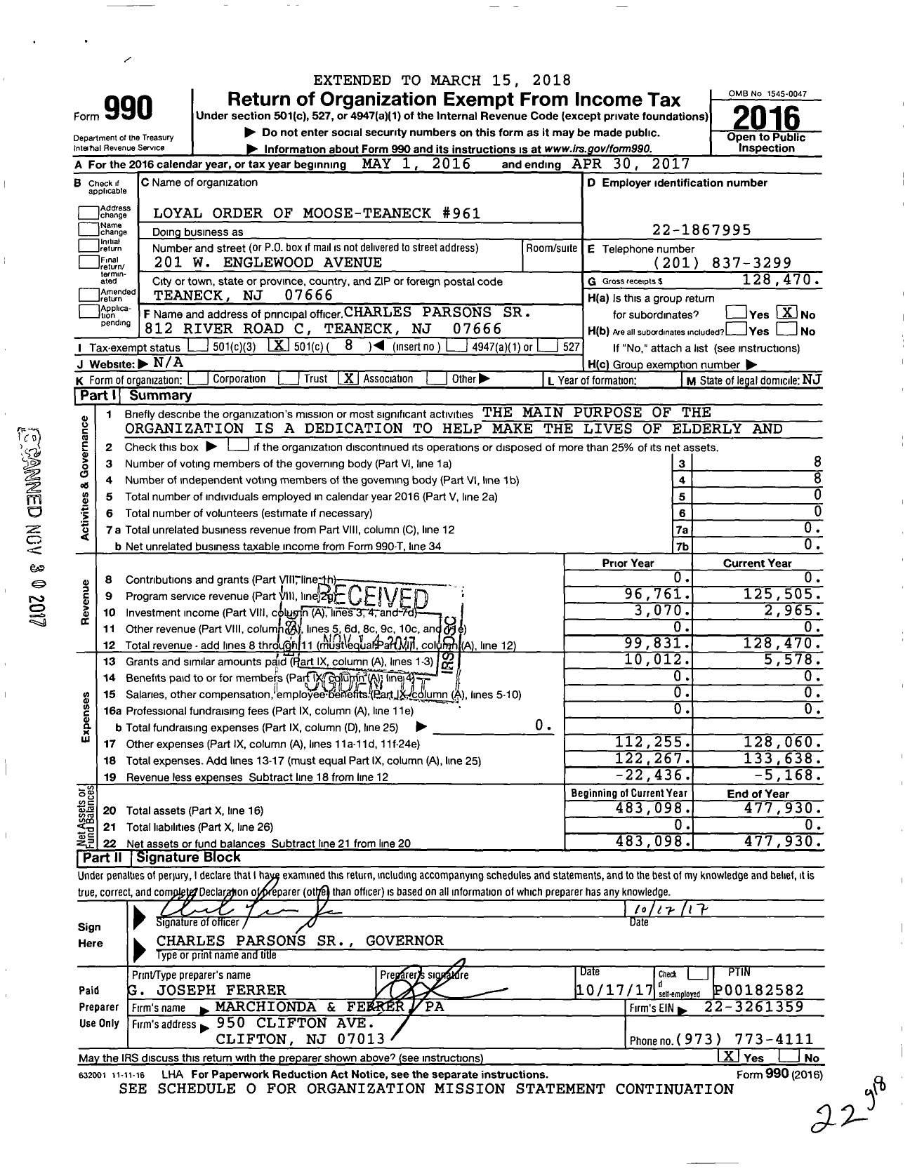 Image of first page of 2016 Form 990O for Teaneck Lodge No 961 Loyal Order of Moose 961