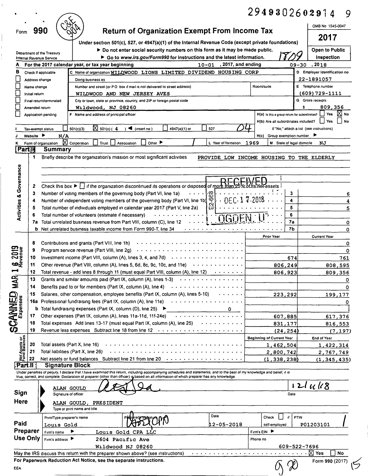 Image of first page of 2017 Form 990O for Wildwood Lions Limited Dividend Housing Corporation