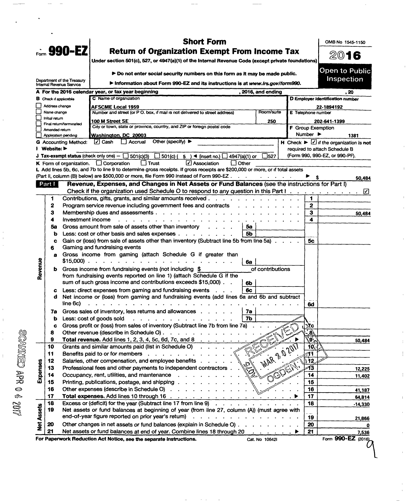 Image of first page of 2016 Form 990EO for American Federation of State County & Municipal Employees - L1959DC DC BD of Educ Bus Drivers