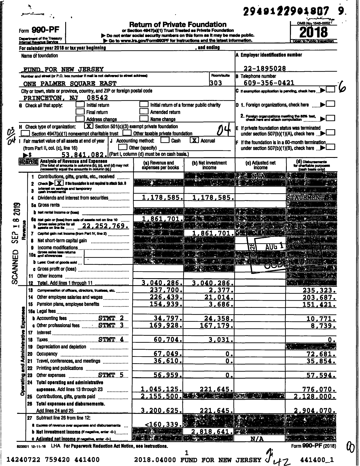 Image of first page of 2018 Form 990PF for Fund for New Jersey