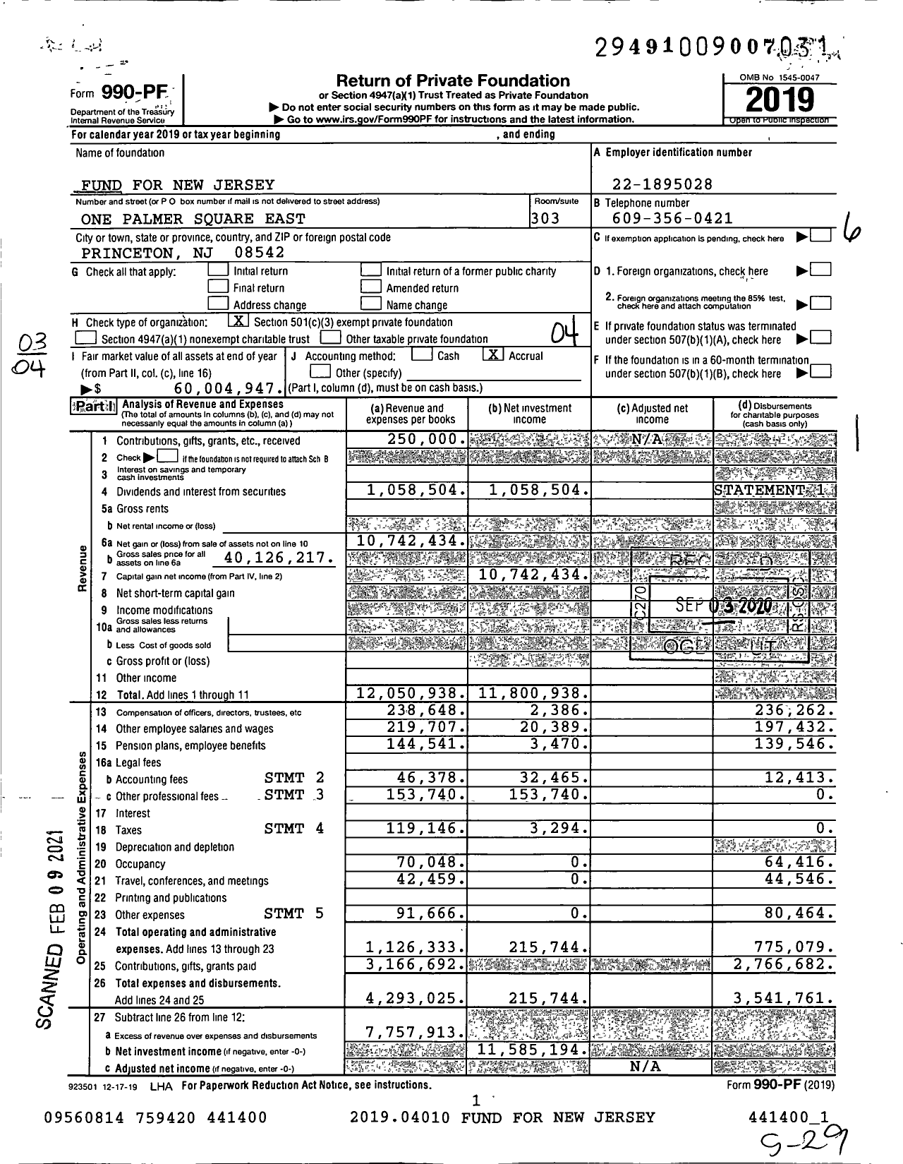 Image of first page of 2019 Form 990PF for Fund for New Jersey