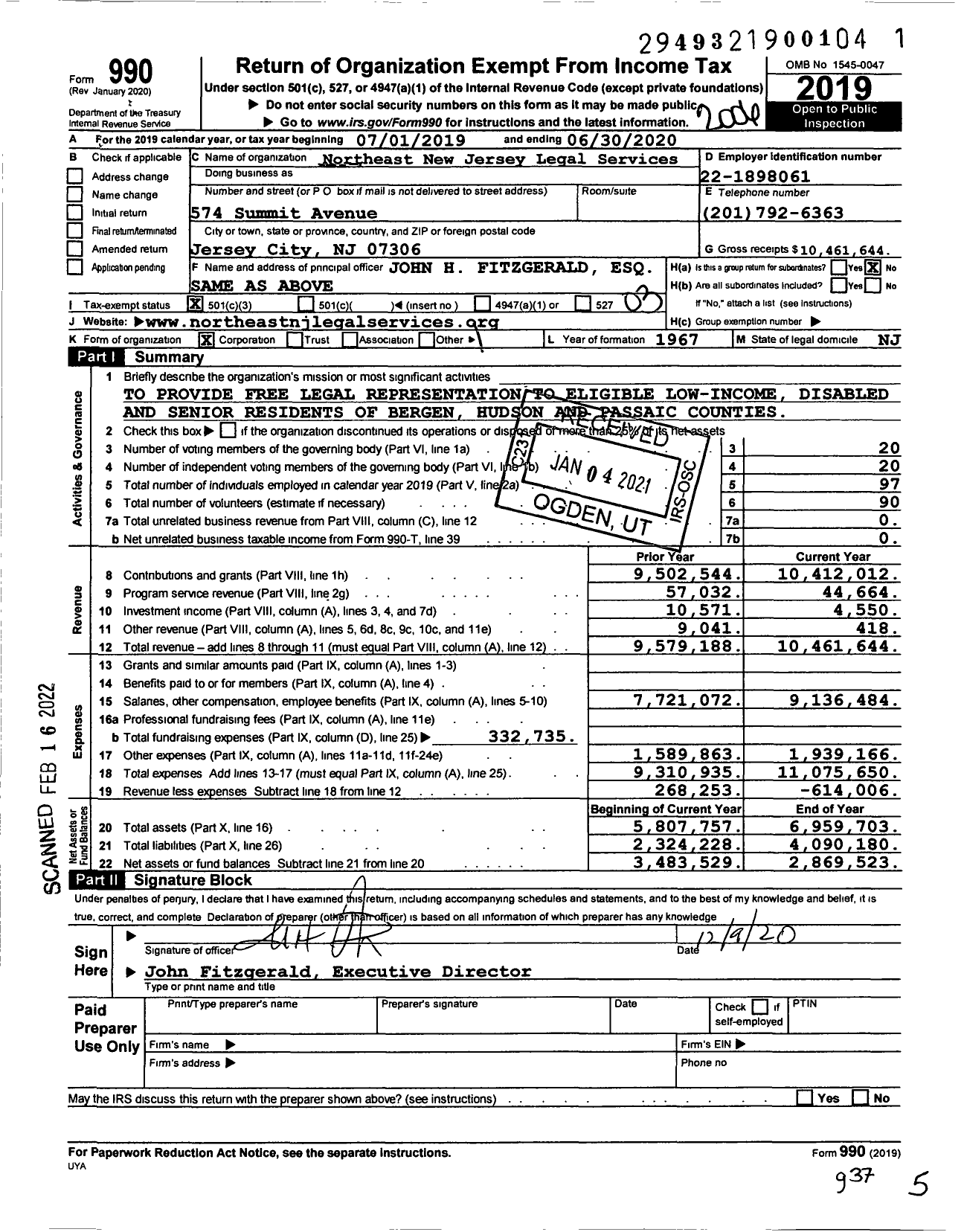 Image of first page of 2019 Form 990 for Northeast New Jersey Legal Services Corporation
