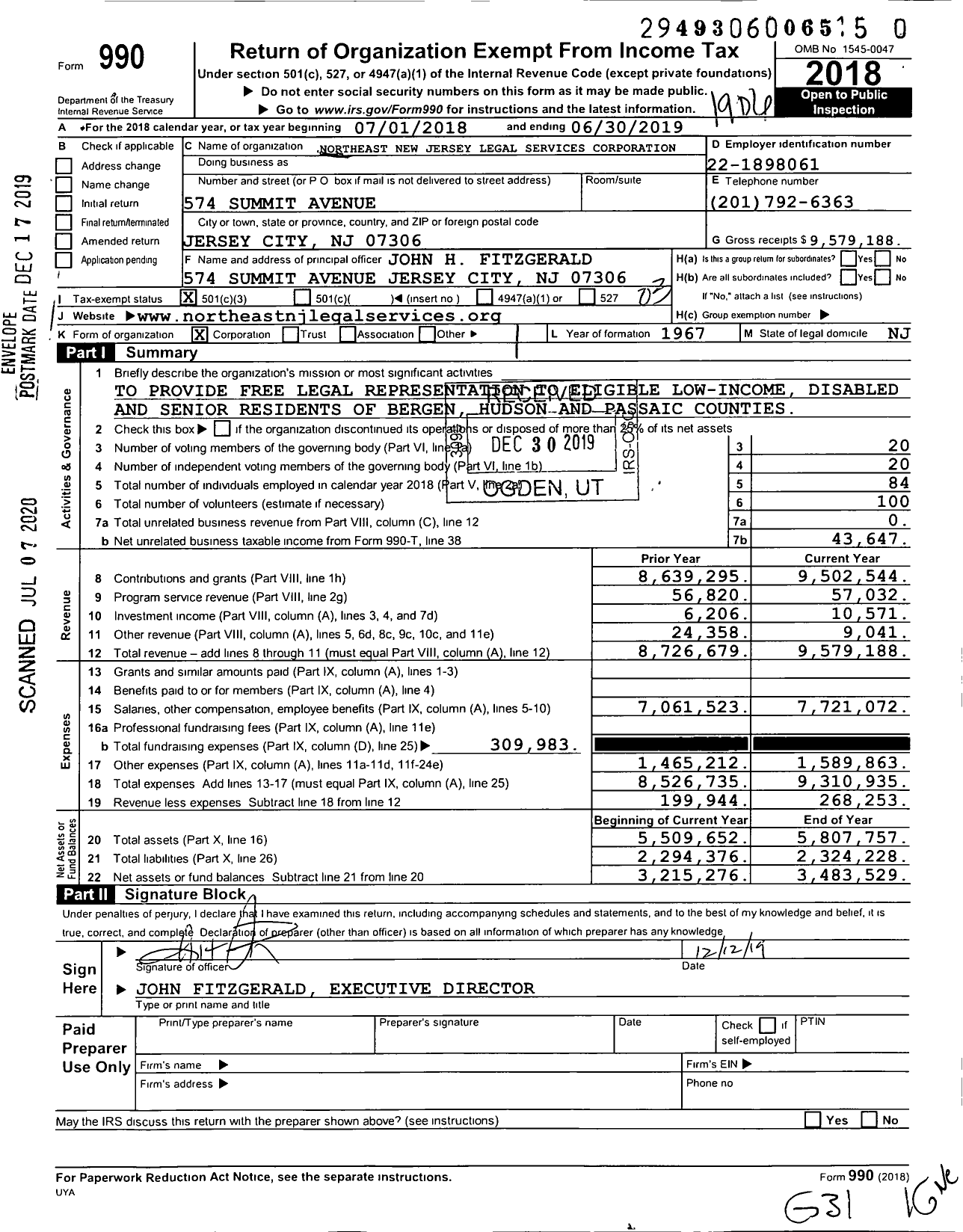 Image of first page of 2018 Form 990 for Northeast New Jersey Legal Services Corporation