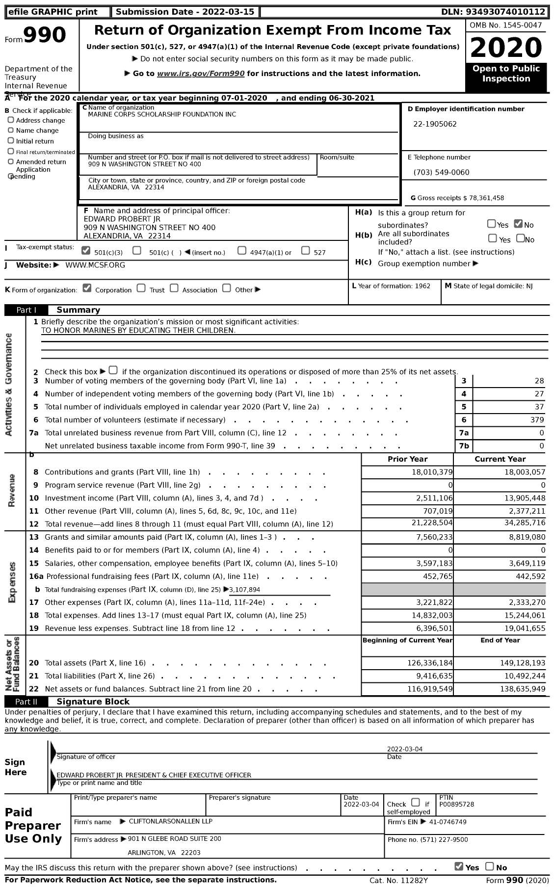 Image of first page of 2020 Form 990 for Marine Corps Scholarship Foundation