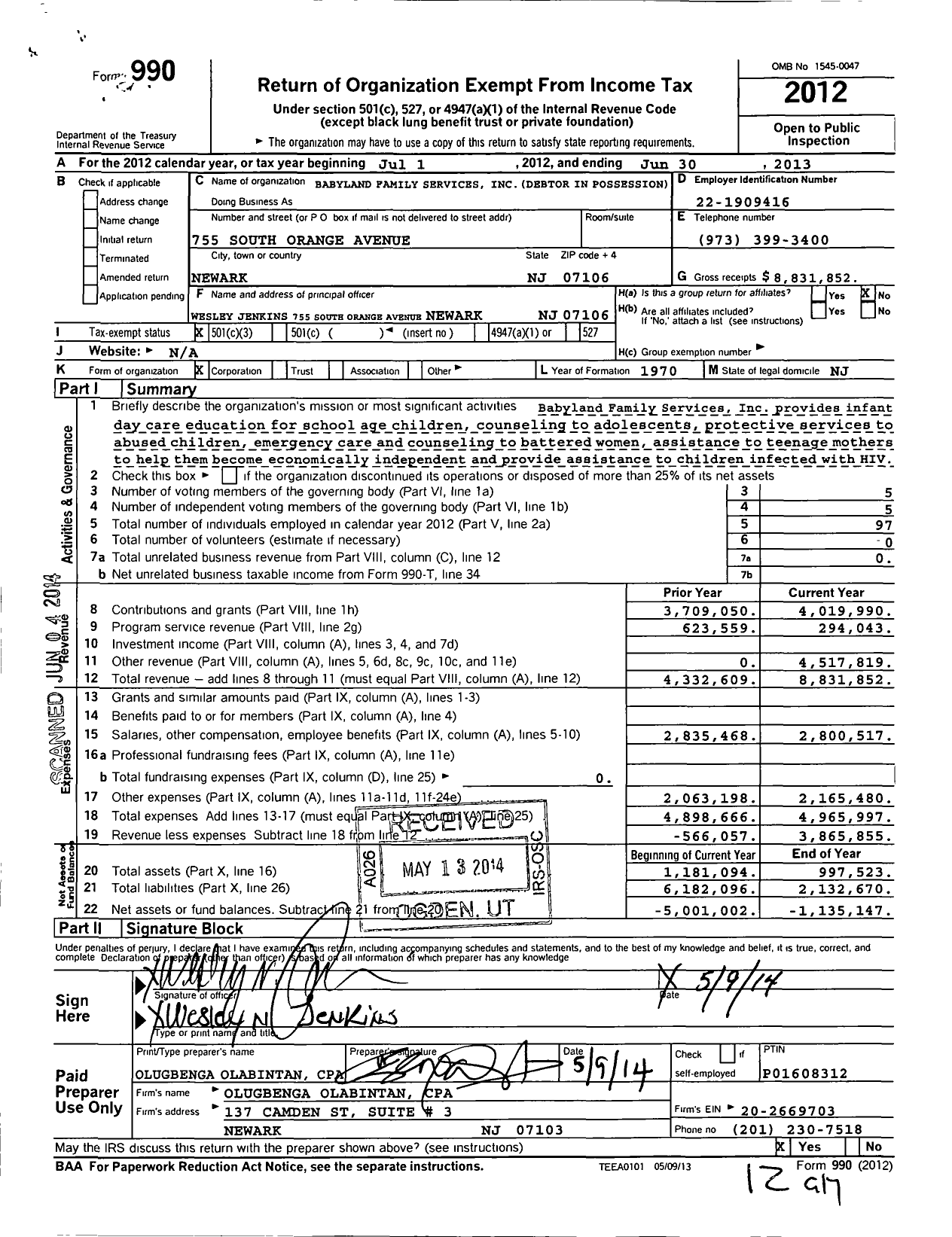 Image of first page of 2012 Form 990 for Babyland Family Services