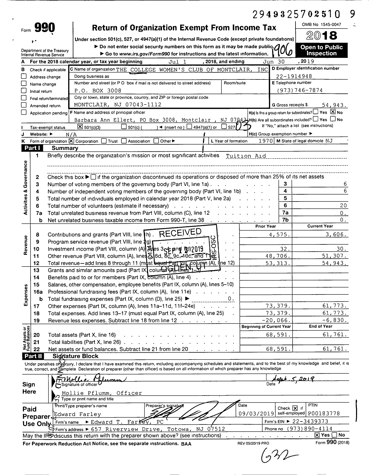 Image of first page of 2018 Form 990 for The College Women's Club of Montclair