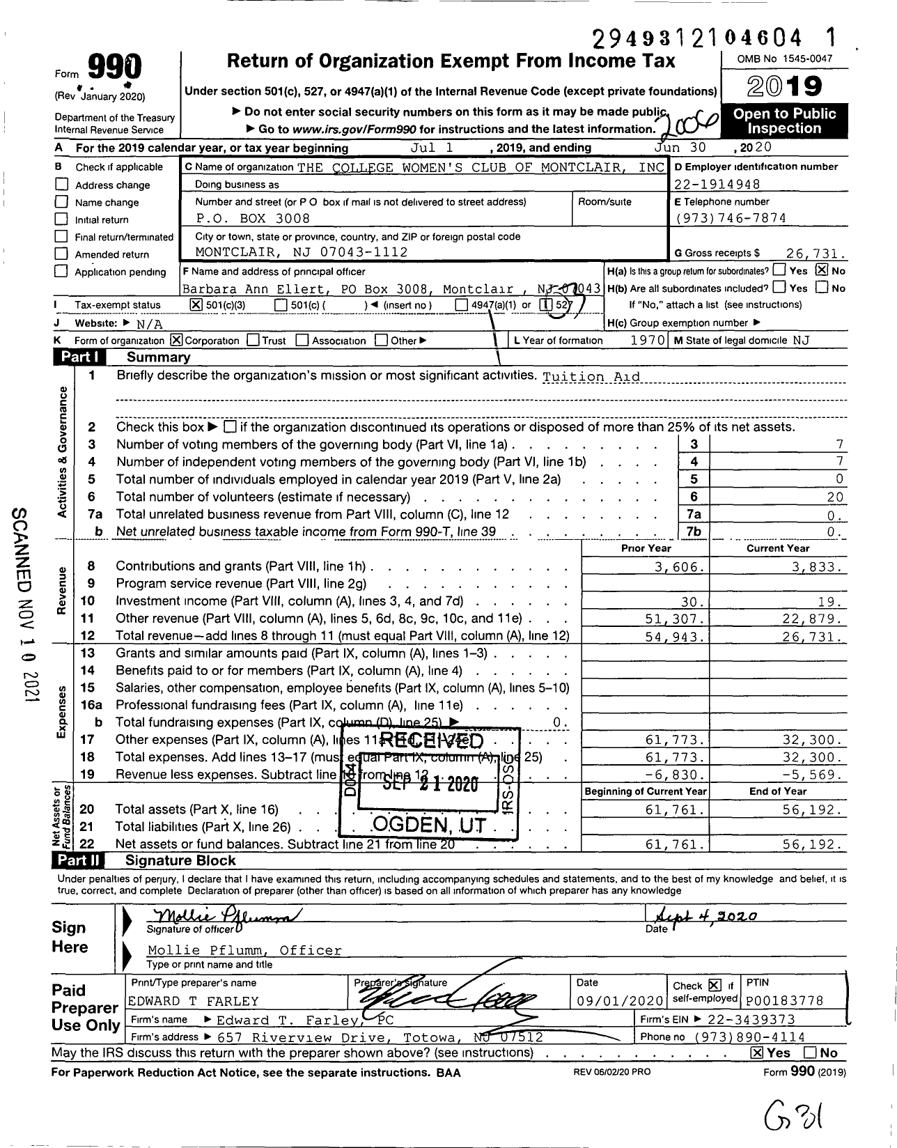 Image of first page of 2019 Form 990 for The College Women's Club of Montclair