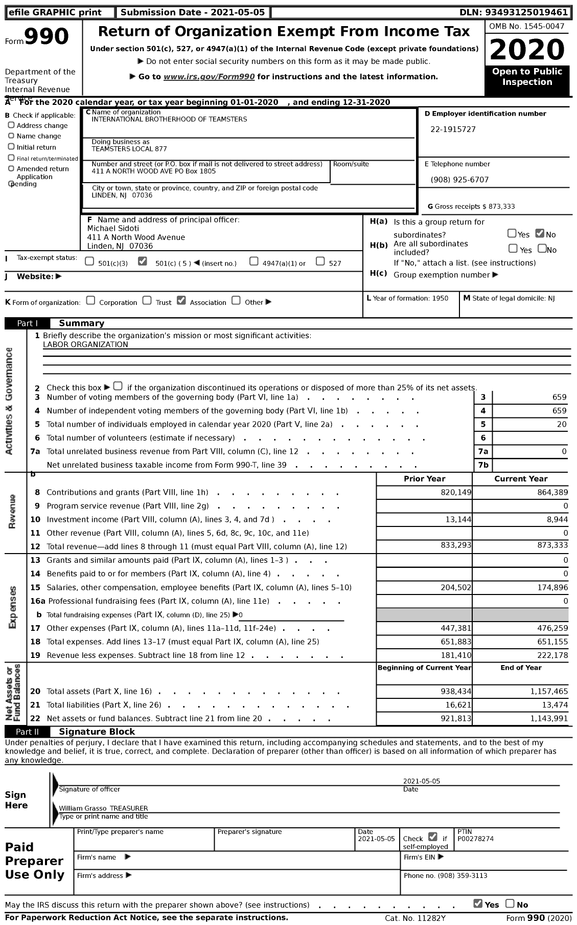 Image of first page of 2020 Form 990 for Teamsters Local 877
