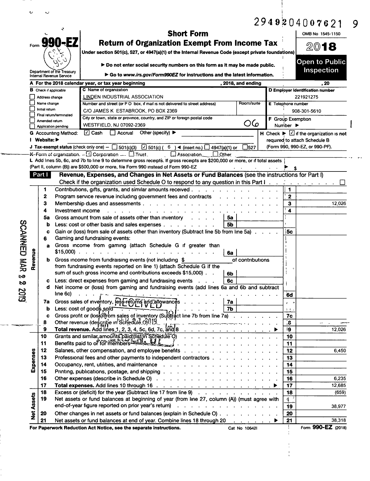 Image of first page of 2018 Form 990EO for Linden Industrial Association