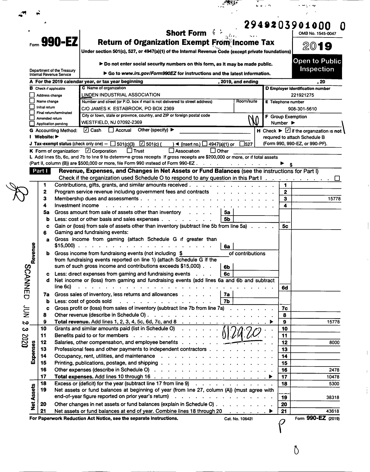 Image of first page of 2019 Form 990EO for Linden Industrial Association