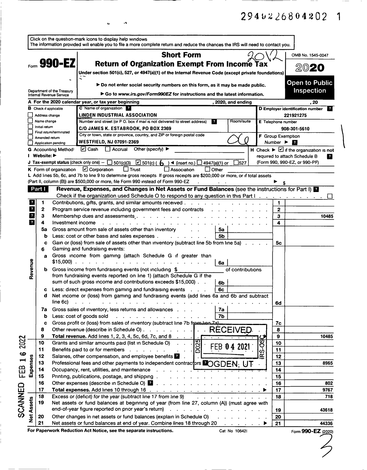 Image of first page of 2020 Form 990EO for Linden Industrial Association