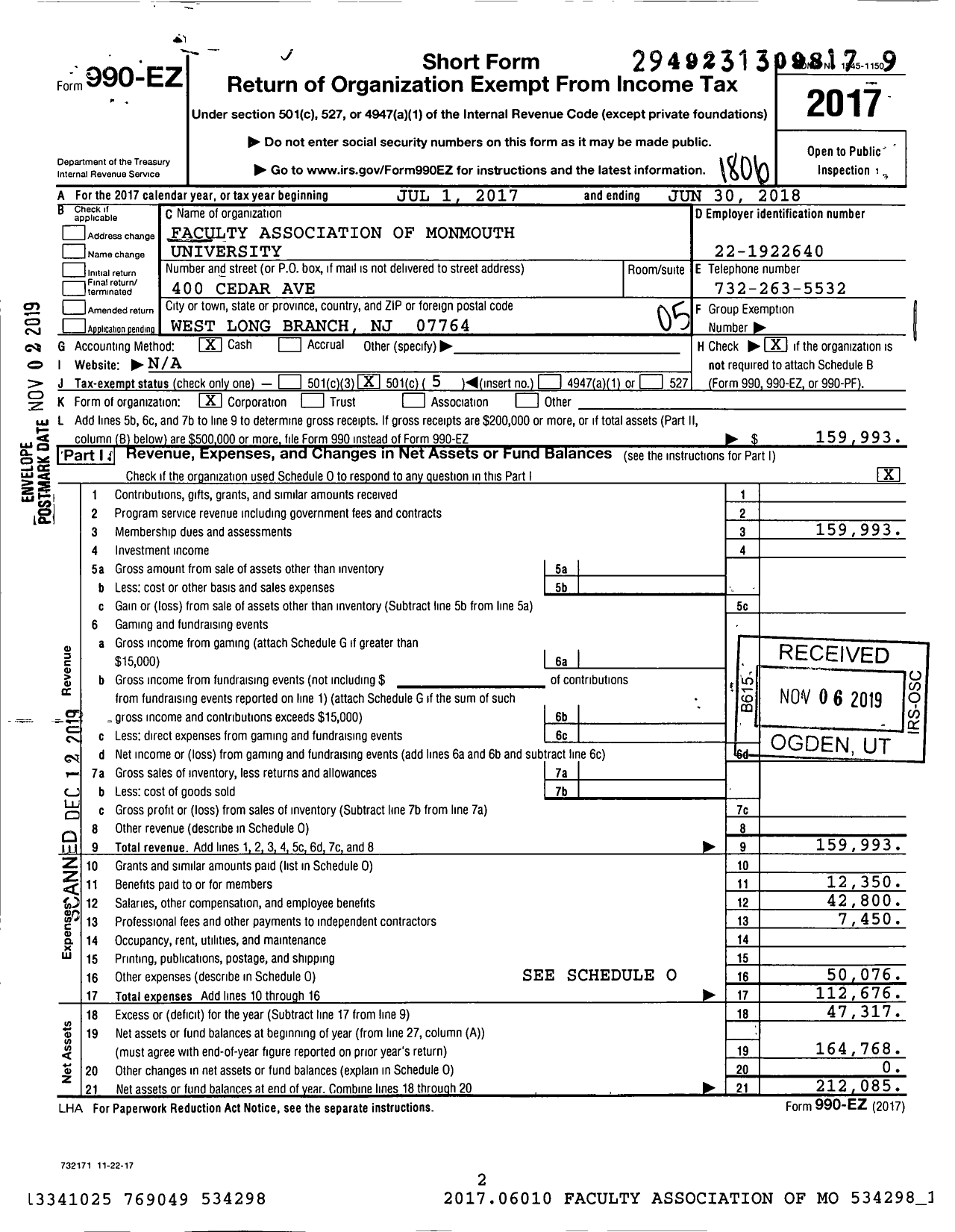 Image of first page of 2017 Form 990O for Faculty Association of Monmouth University