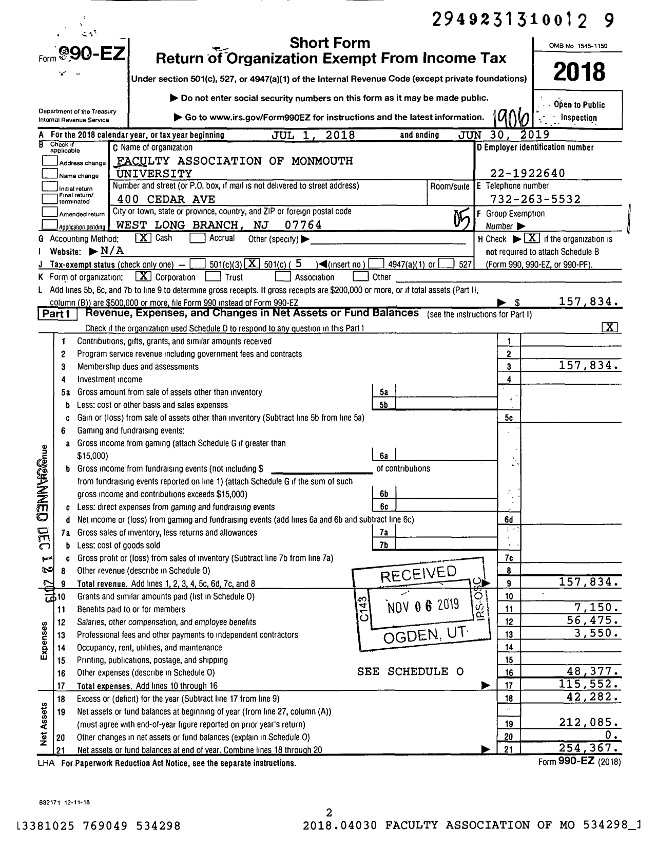 Image of first page of 2018 Form 990EO for Faculty Association of Monmouth University