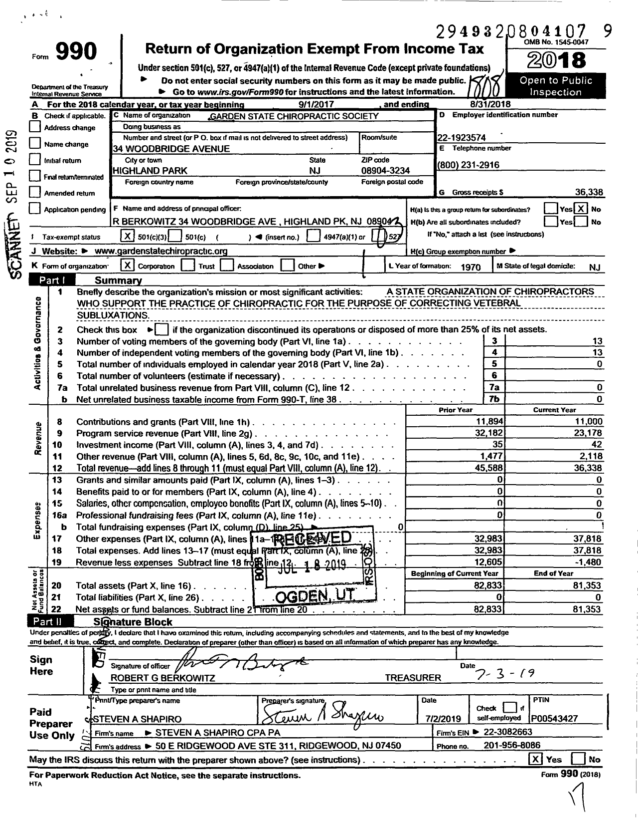 Image of first page of 2017 Form 990 for Garden State Chiropractic Society