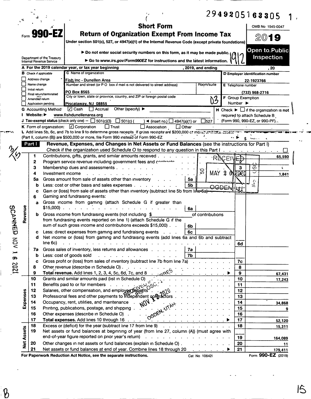 Image of first page of 2019 Form 990EZ for Fish Inc-Dunellen Area