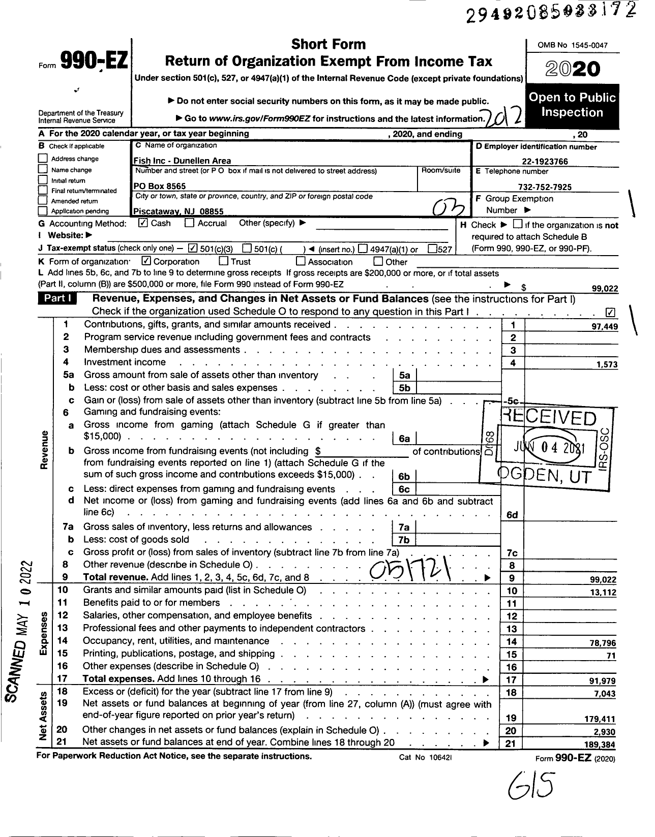 Image of first page of 2020 Form 990EZ for Fish Inc-Dunellen Area