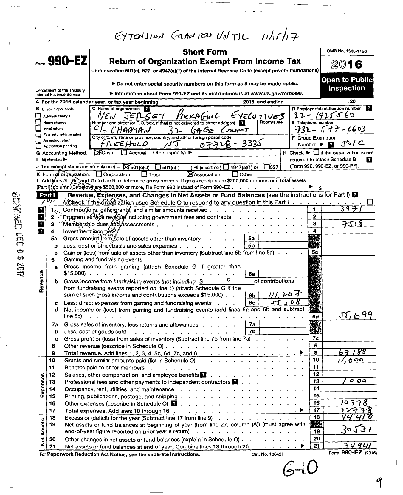 Image of first page of 2016 Form 990EZ for New Jersey Packaging Executives