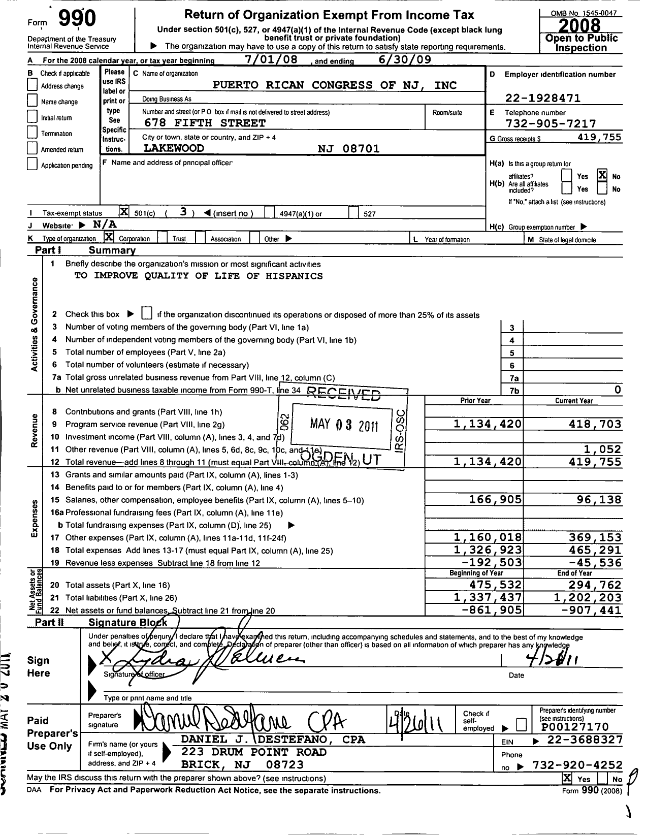 Image of first page of 2008 Form 990 for Puerto Rican Congress of NJ