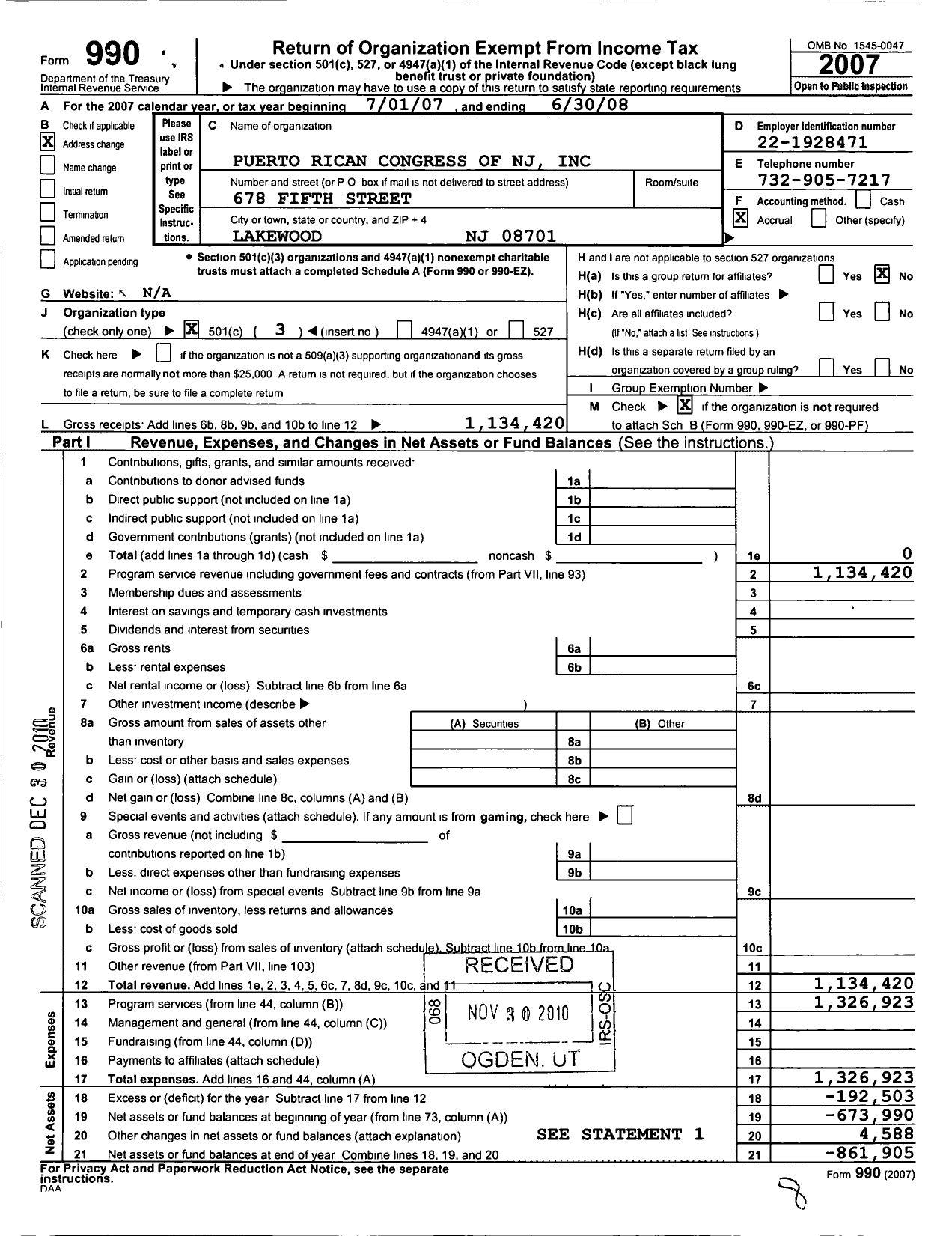 Image of first page of 2007 Form 990 for Puerto Rican Congress of NJ