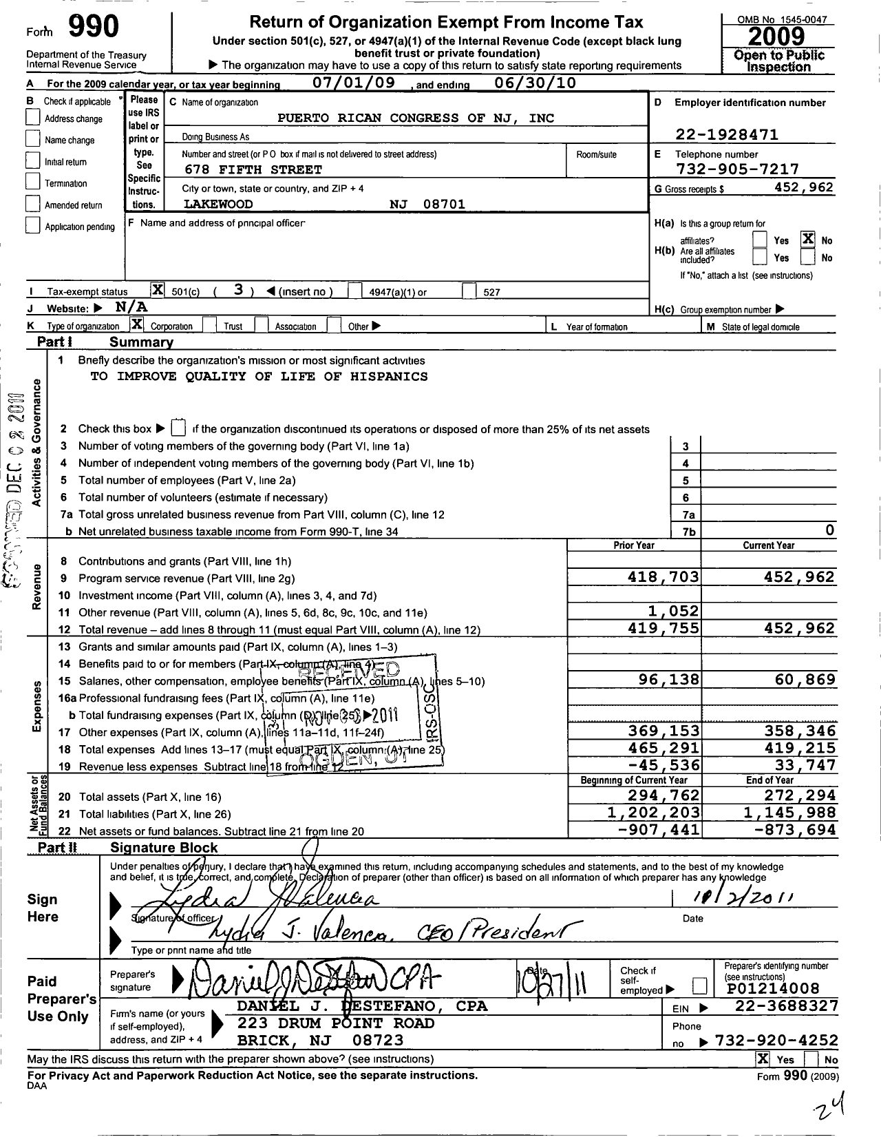 Image of first page of 2009 Form 990 for Puerto Rican Congress of NJ