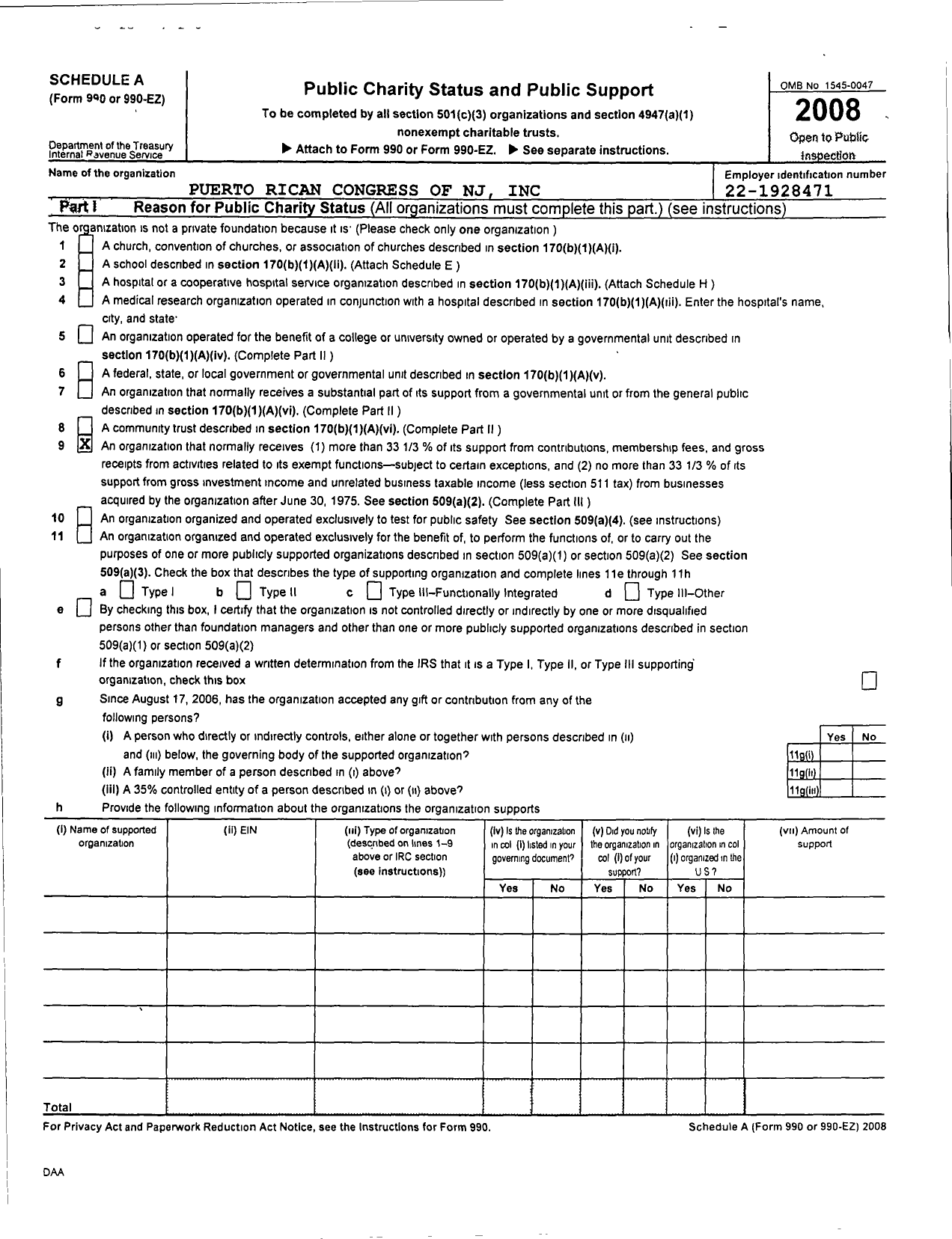 Image of first page of 2008 Form 990R for Puerto Rican Congress of NJ