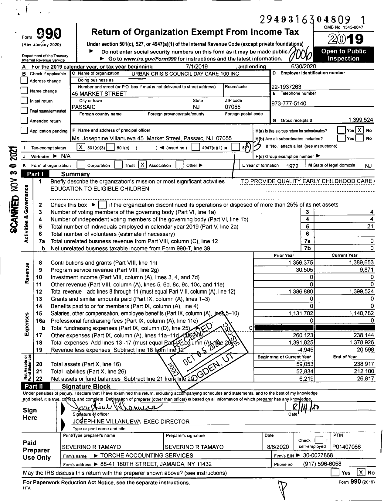 Image of first page of 2019 Form 990 for Urban Crisis Council Day Care 100