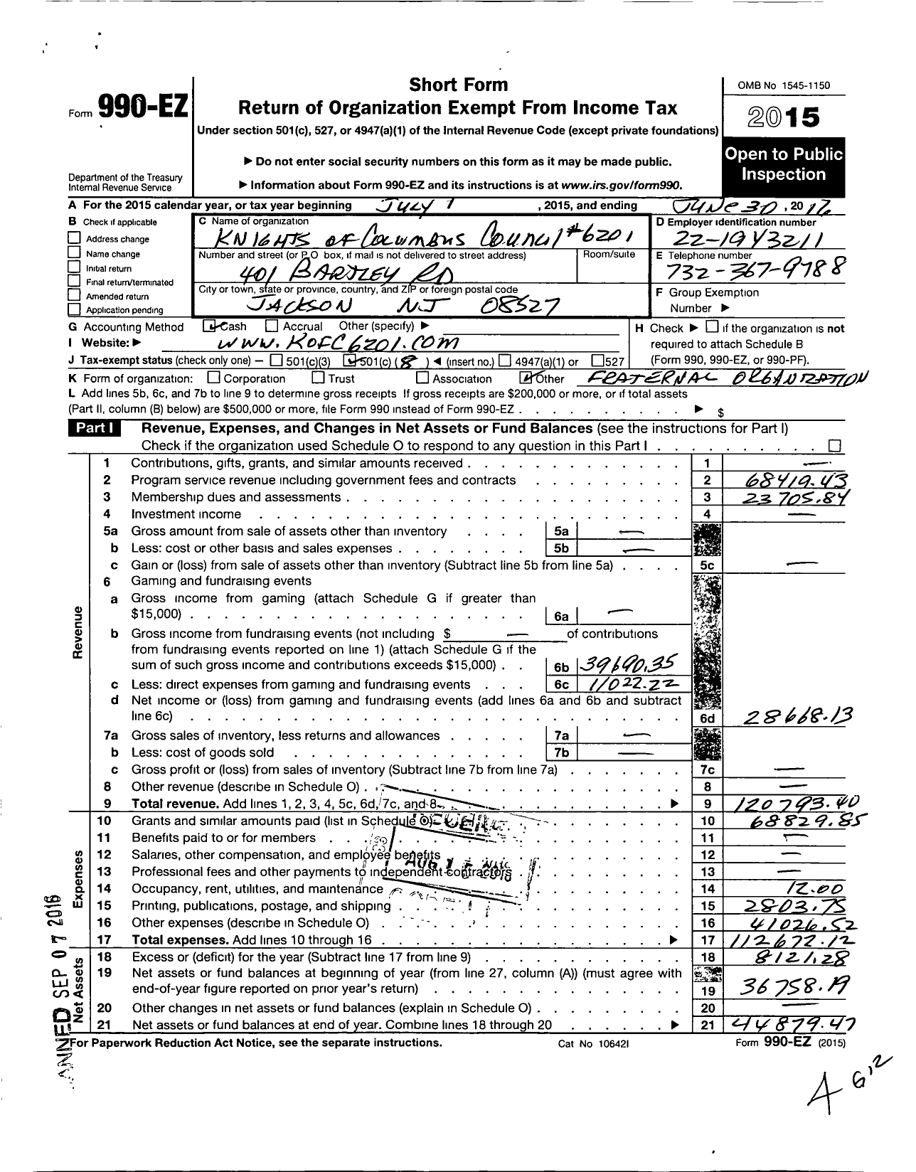 Image of first page of 2015 Form 990EO for Knights of Columbus Council 6201