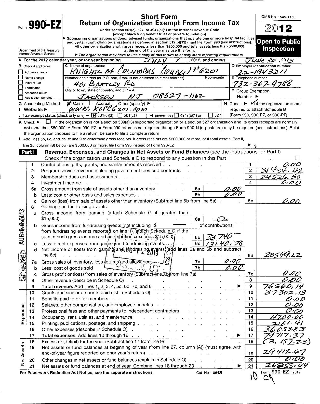 Image of first page of 2012 Form 990EZ for Knights of Columbus Council 6201