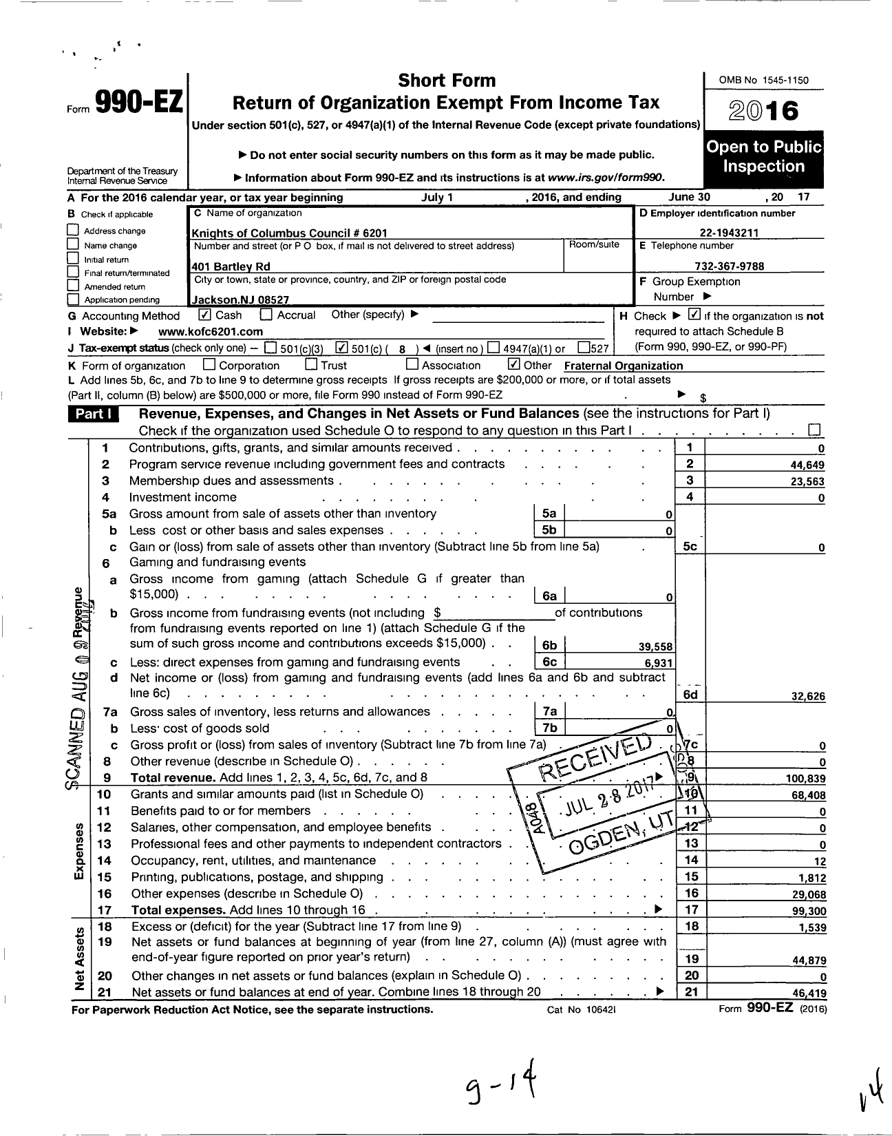 Image of first page of 2016 Form 990EO for Knights of Columbus Council 6201