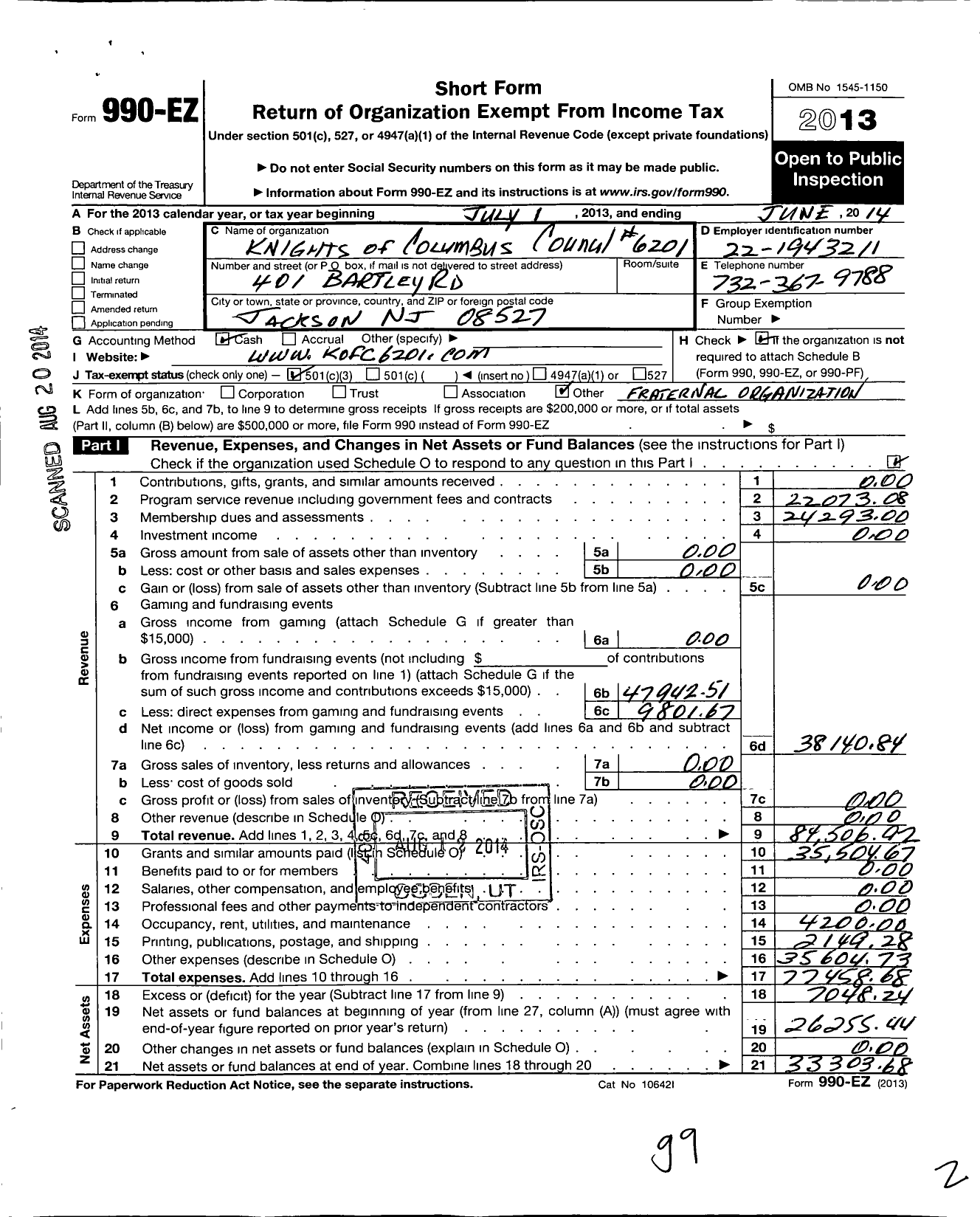 Image of first page of 2013 Form 990EZ for Knights of Columbus Council 6201