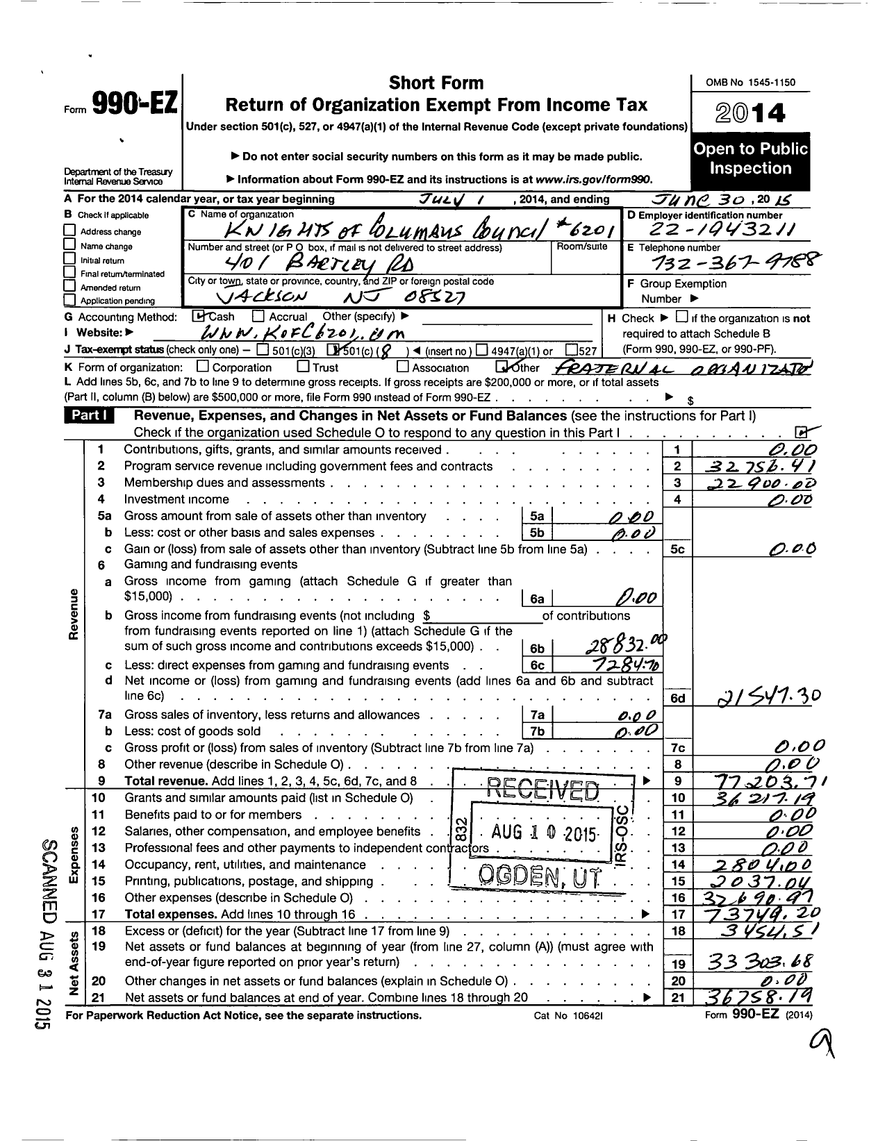 Image of first page of 2014 Form 990EO for Knights of Columbus Council 6201