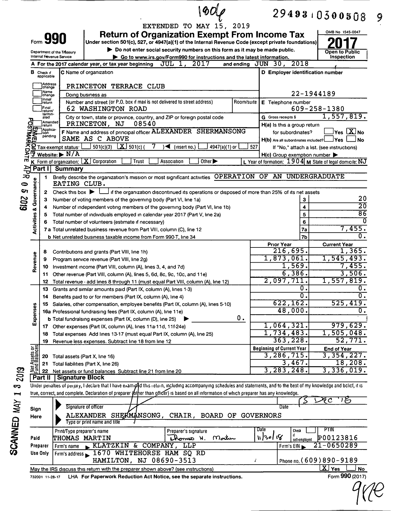 Image of first page of 2017 Form 990O for Princeton Terrace Club