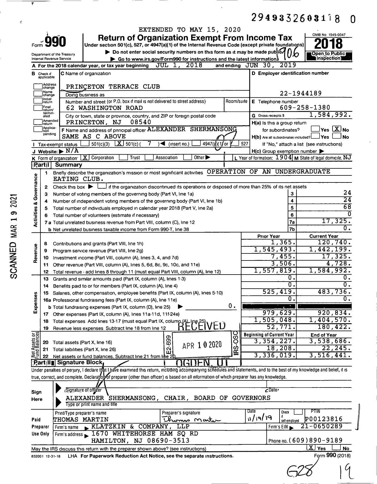 Image of first page of 2018 Form 990O for Princeton Terrace Club