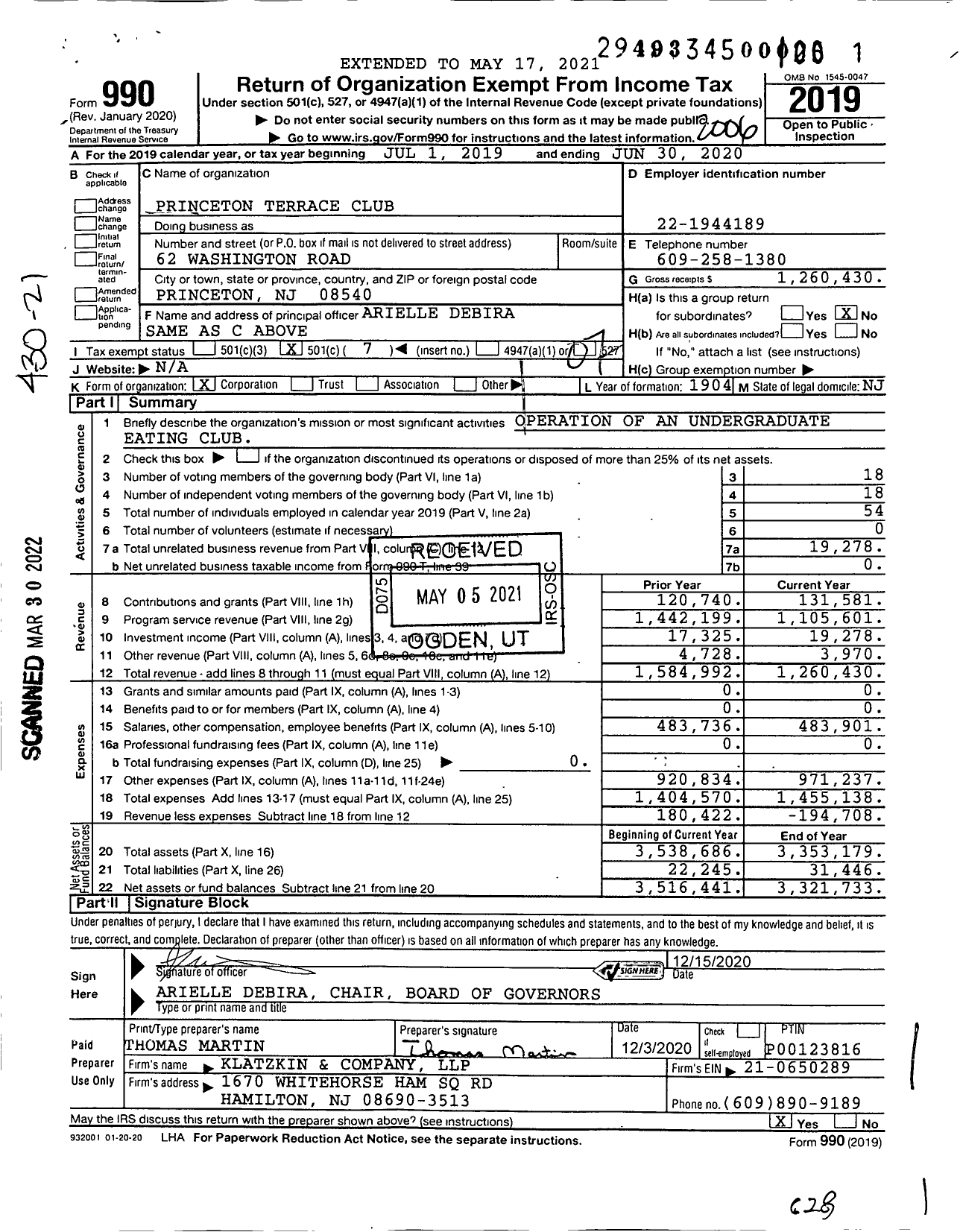 Image of first page of 2019 Form 990O for Princeton Terrace Club