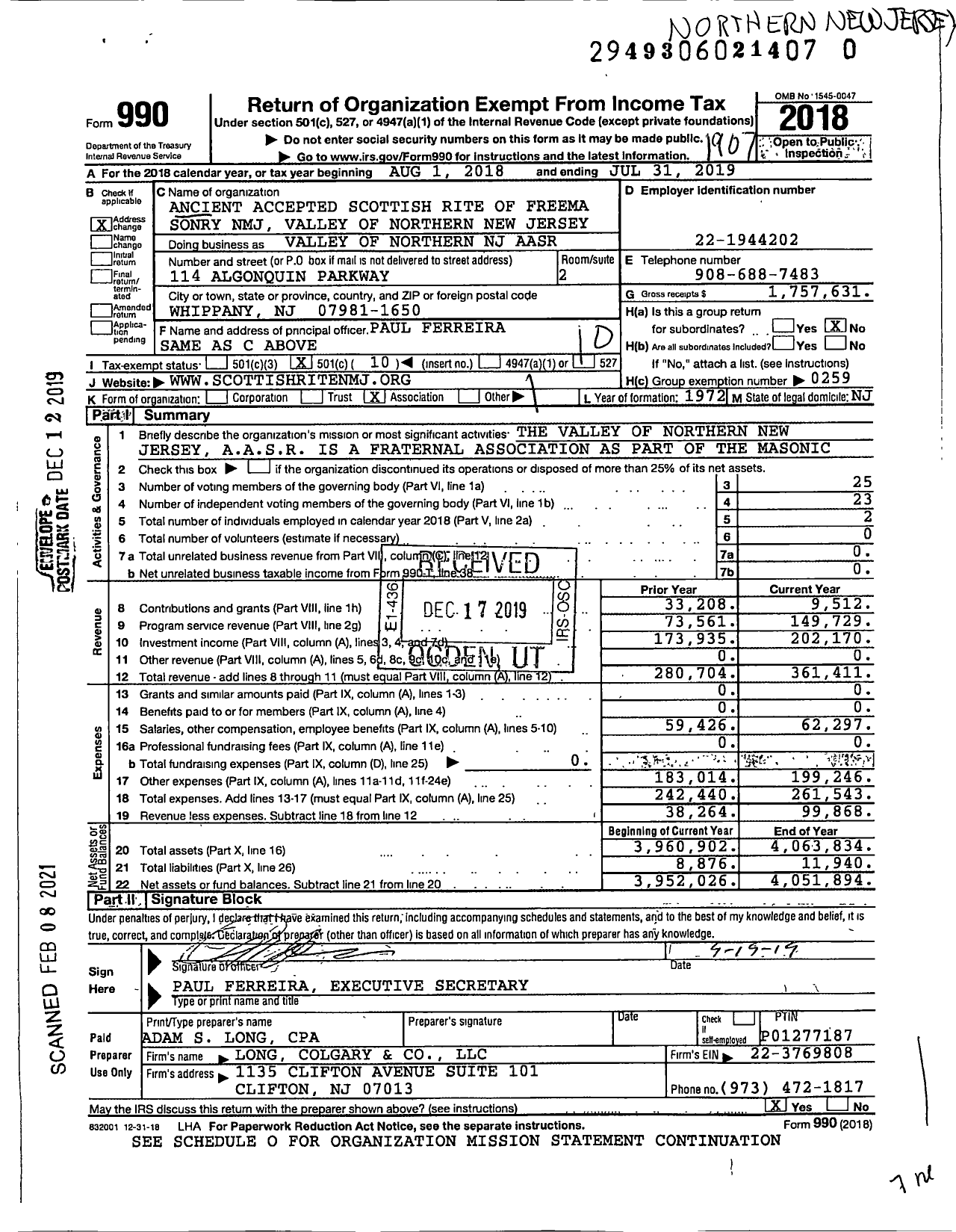 Image of first page of 2018 Form 990O for Scottish Rite, NMJ - Valley of Northern NJ Aasr