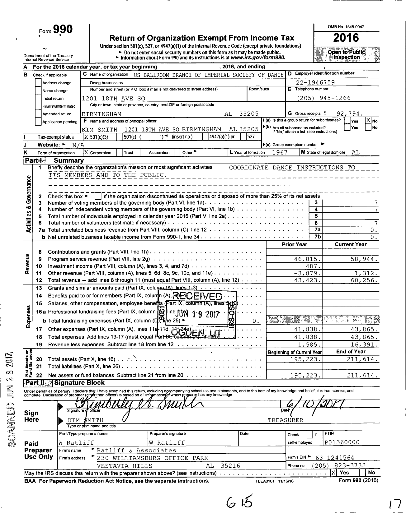 Image of first page of 2016 Form 990 for United States Ballroom BRCH of Imp Soc of Dance
