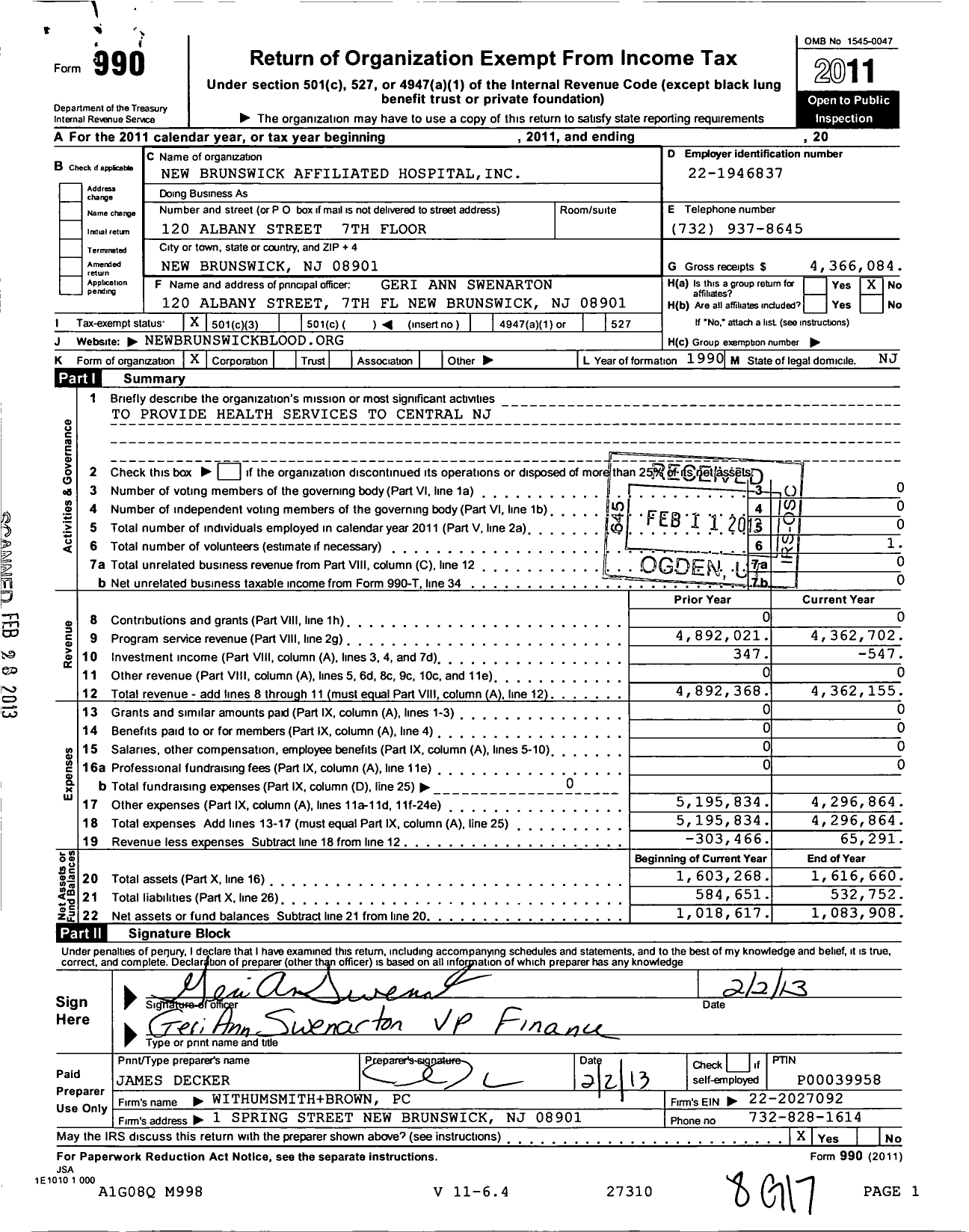 Image of first page of 2011 Form 990 for New Brunswick Affiliated Hospitals