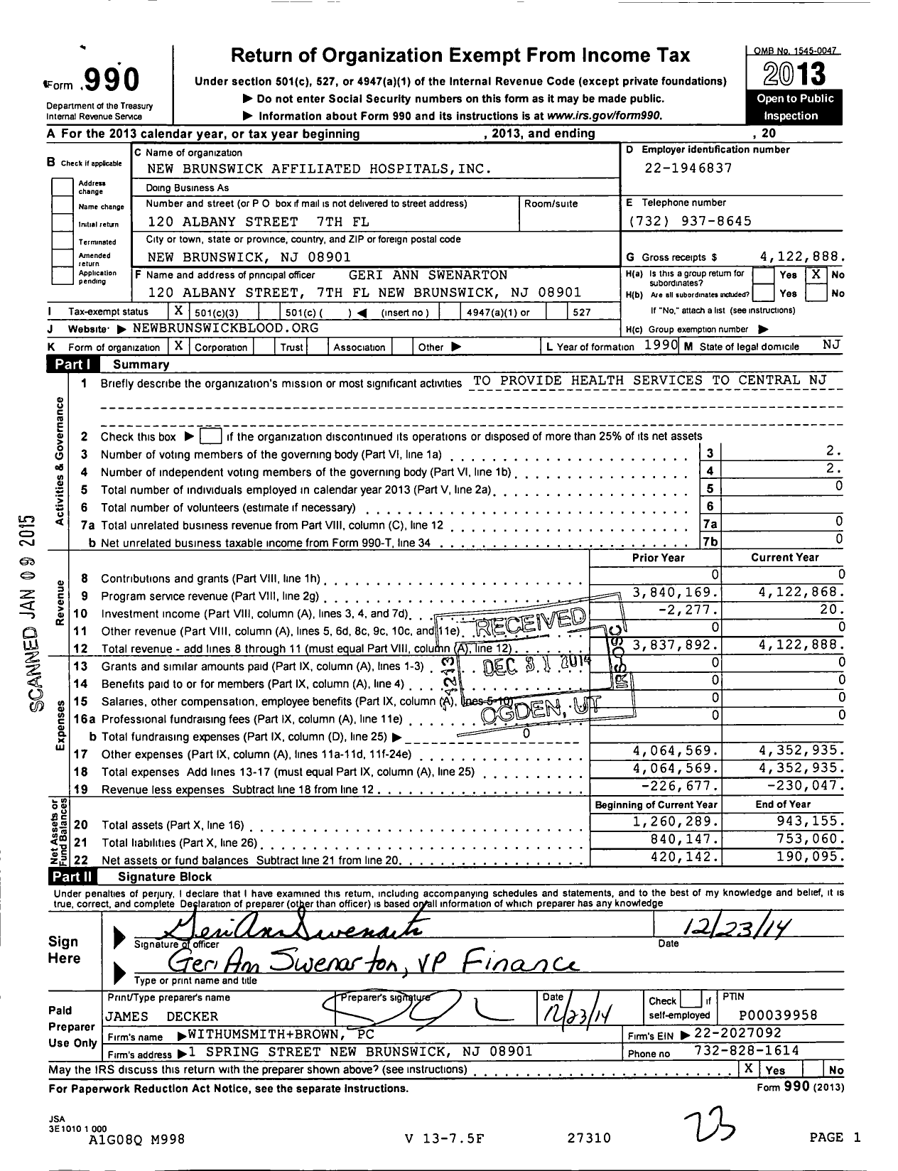 Image of first page of 2013 Form 990 for New Brunswick Affiliated Hospitals