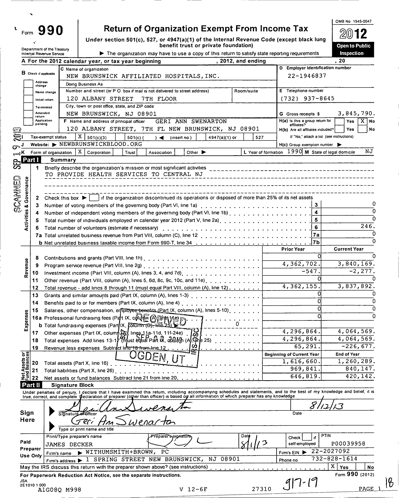 Image of first page of 2012 Form 990 for New Brunswick Affiliated Hospitals