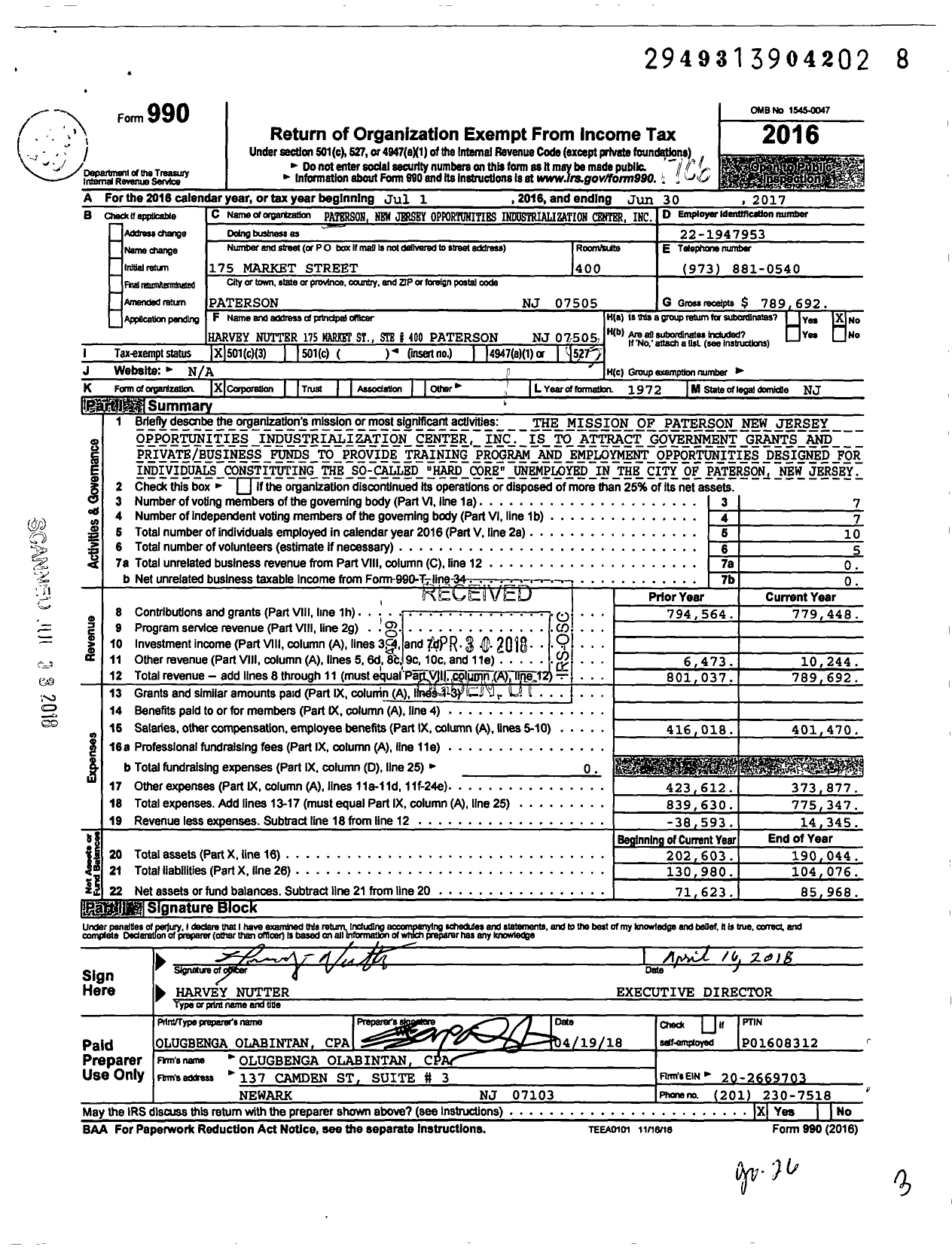 Image of first page of 2016 Form 990 for Paterson New Jersey Opportunities Industrialization Center