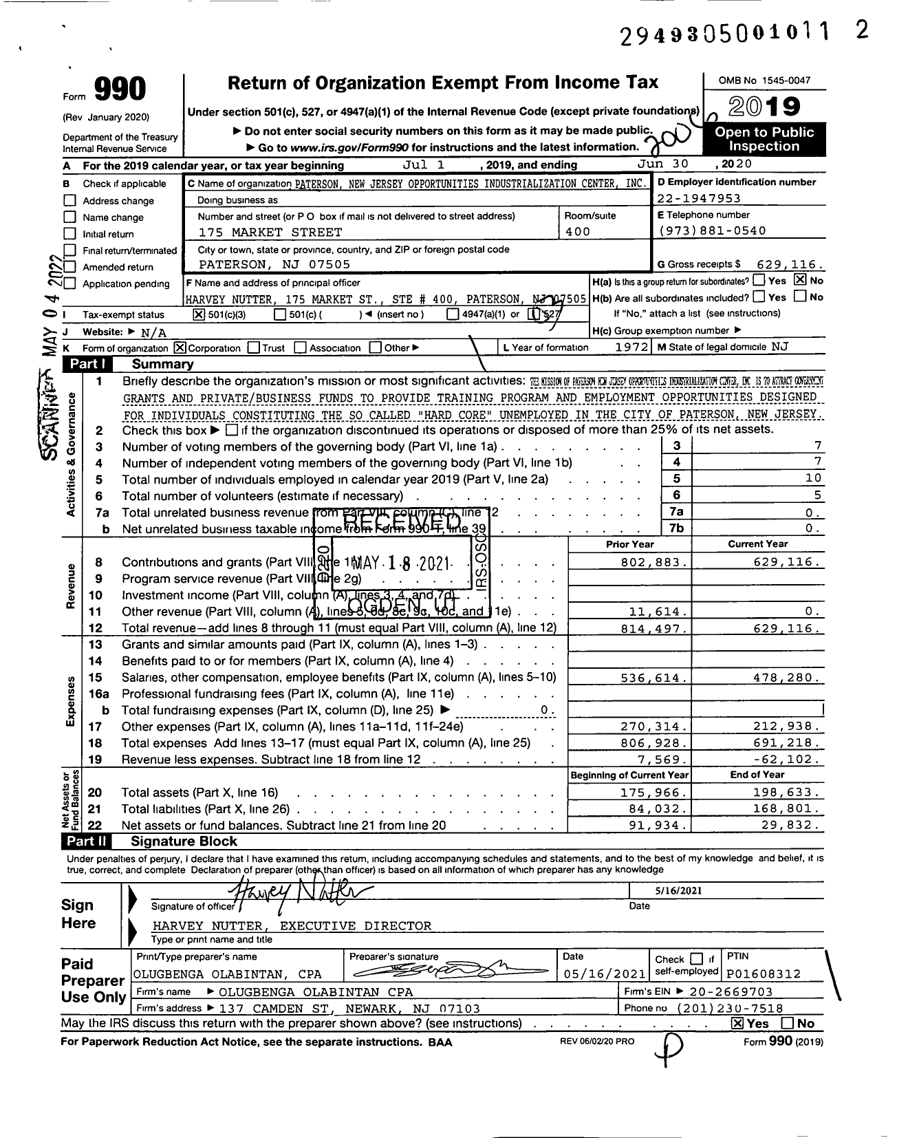 Image of first page of 2019 Form 990 for Paterson New Jersey Opportunities Industrialization Center