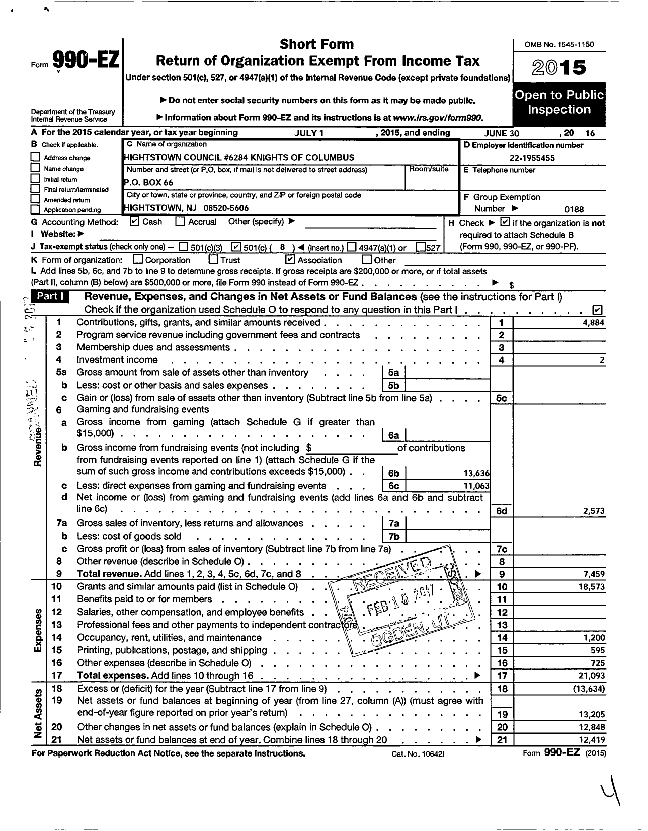 Image of first page of 2015 Form 990EO for Knights of Columbus - 6284 Hightstown Council