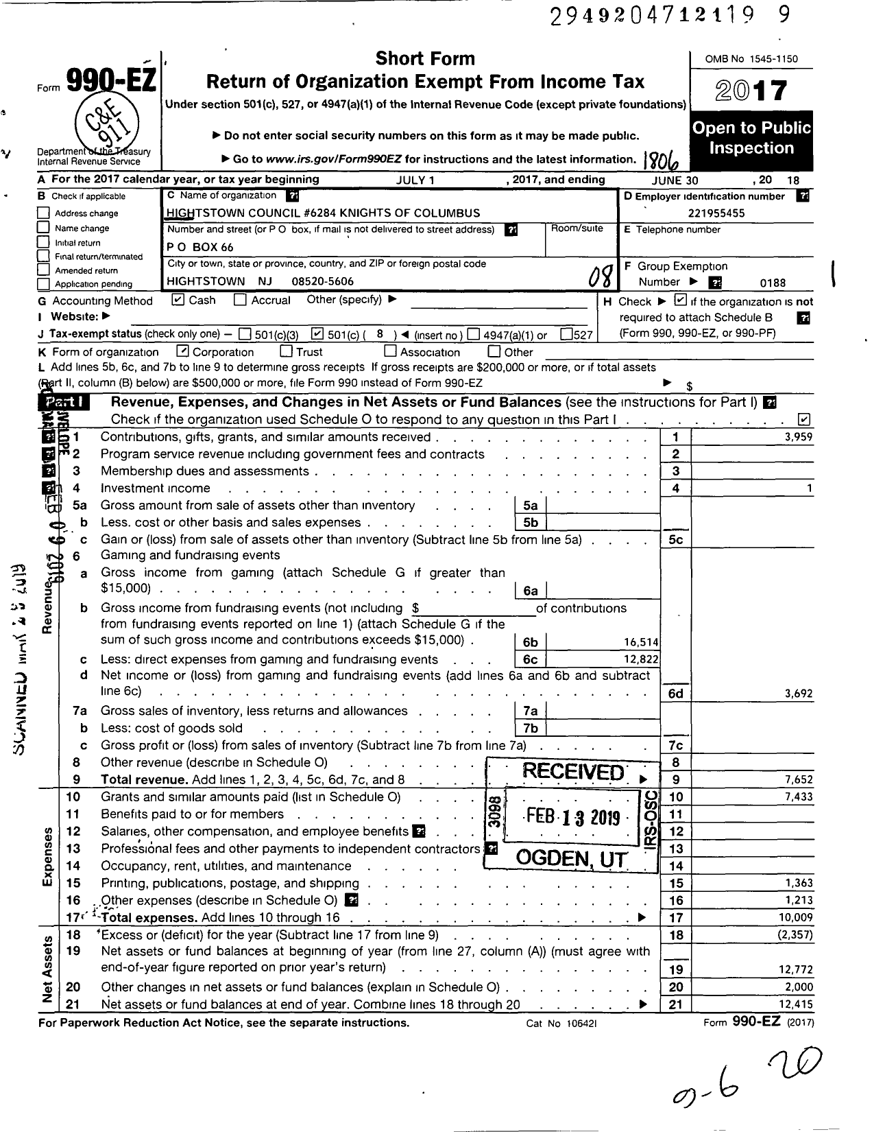 Image of first page of 2017 Form 990EO for Knights of Columbus - 6284 Hightstown Council