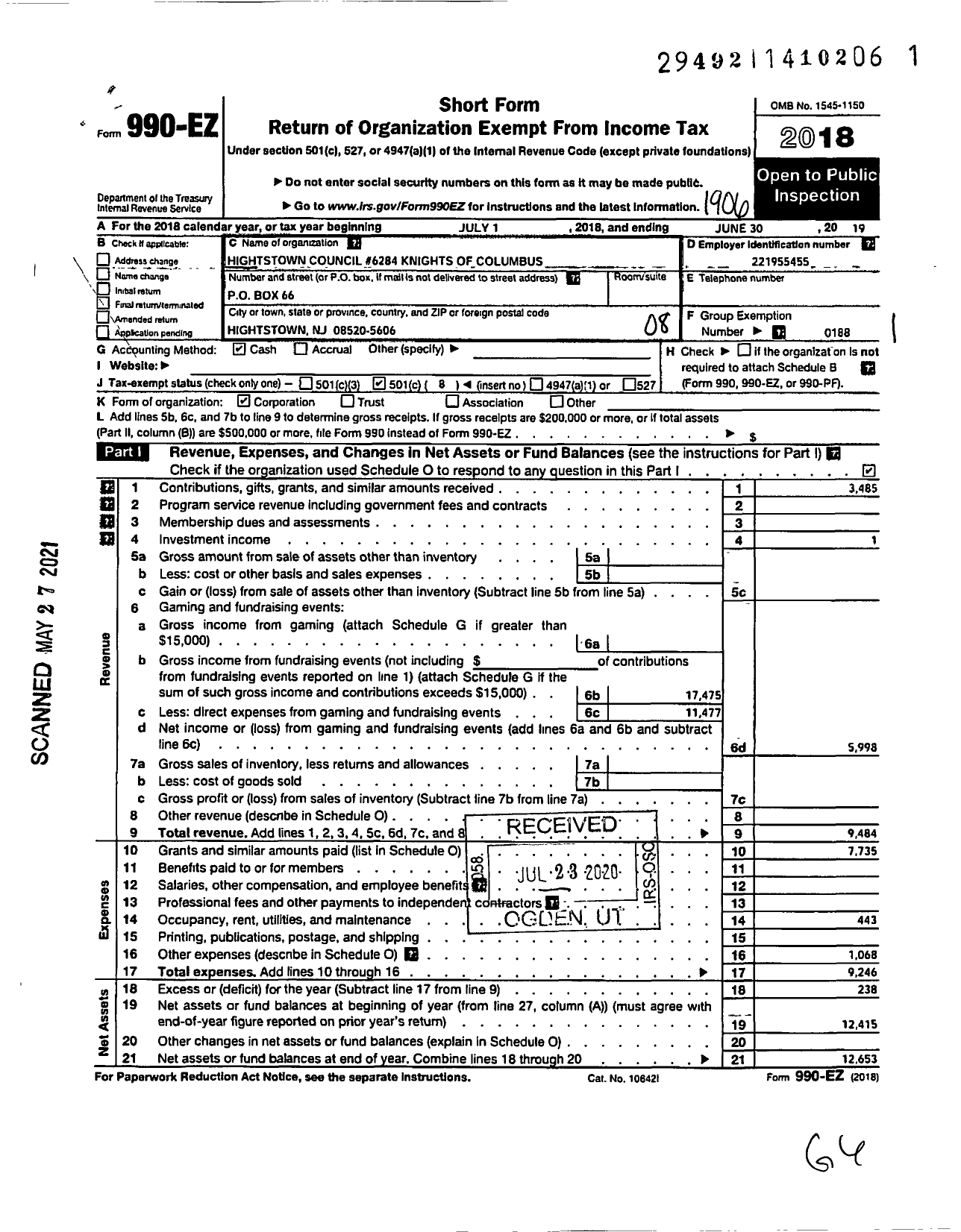 Image of first page of 2018 Form 990EO for Knights of Columbus - 6284 Hightstown Council