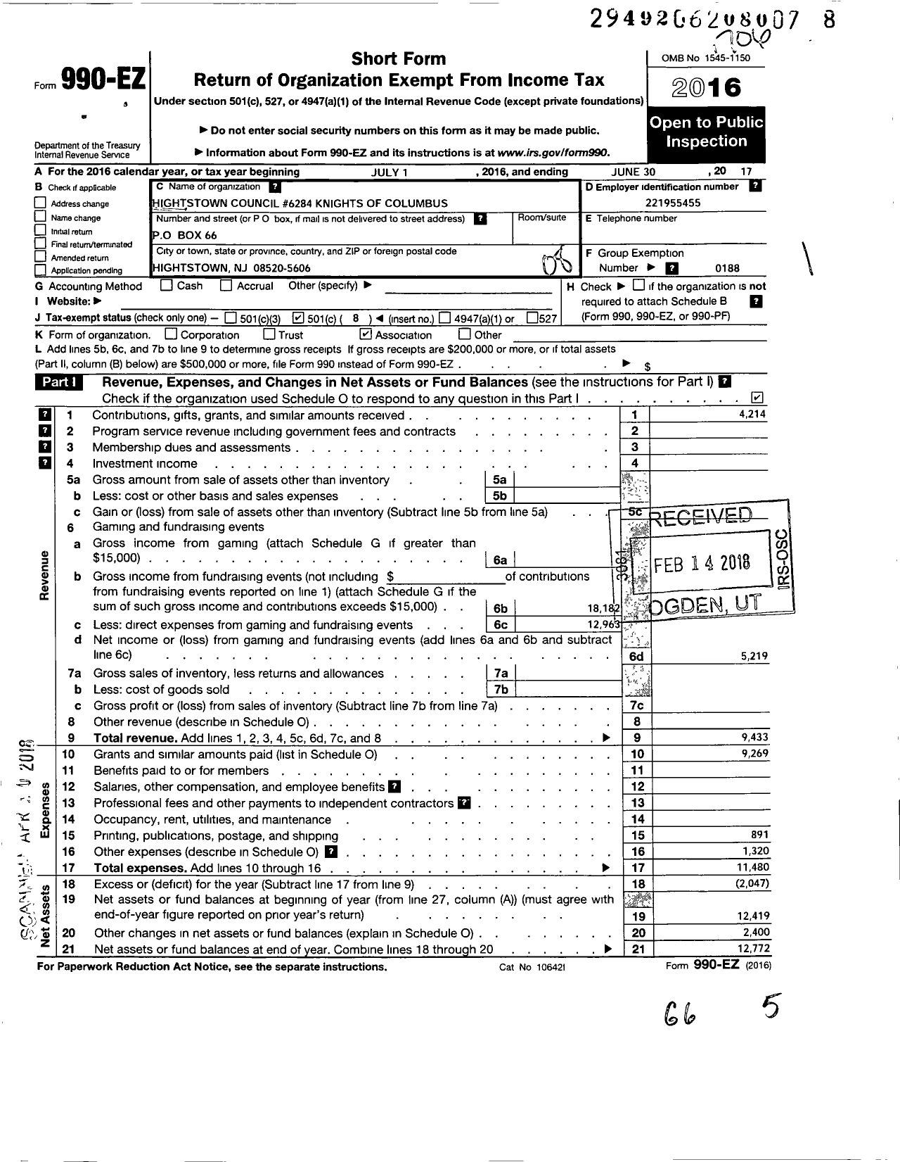 Image of first page of 2016 Form 990EO for Knights of Columbus - 6284 Hightstown Council