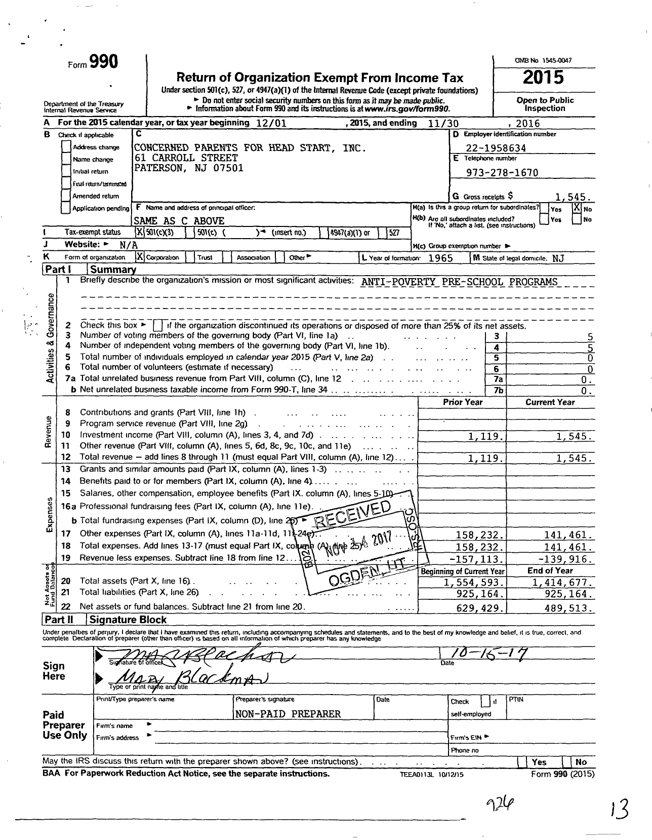 Image of first page of 2015 Form 990 for Concerned Parents for Head Start