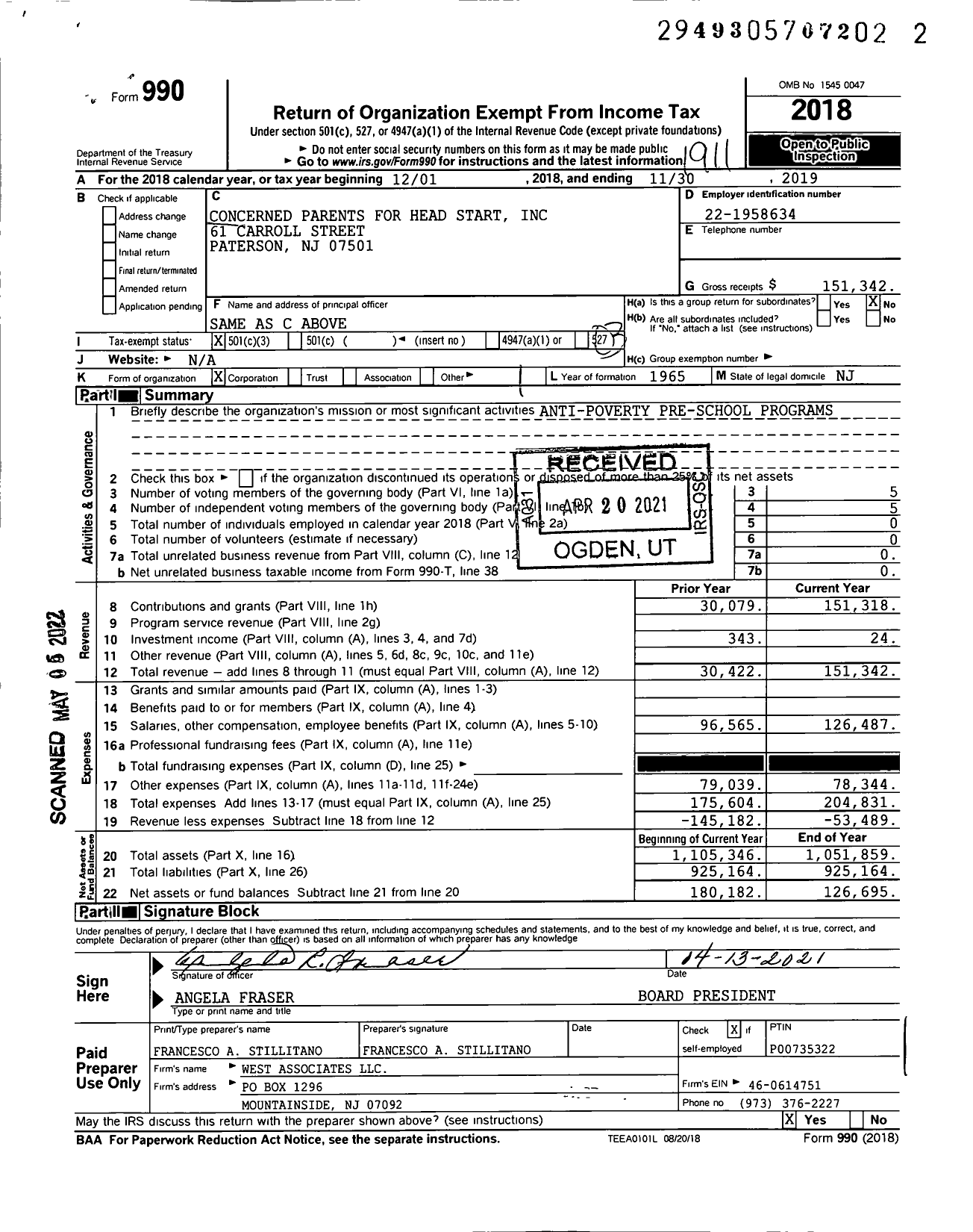 Image of first page of 2018 Form 990 for Concerned Parents for Head Start