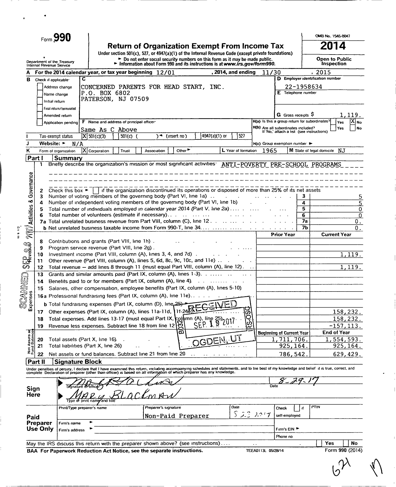 Image of first page of 2014 Form 990 for Concerned Parents for Head Start